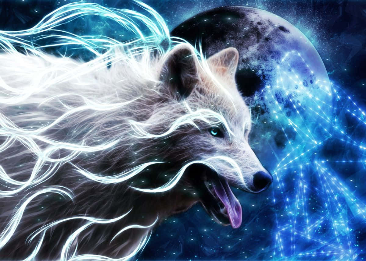  壁紙 — 一隻發光的白狼，毛皮中流動著電光藍色的能量，背景是宇宙星空，有一個大月亮和星座。