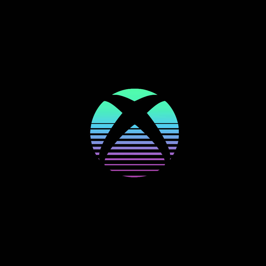 發光的Xbox標誌，黑色背景上有彩色條紋