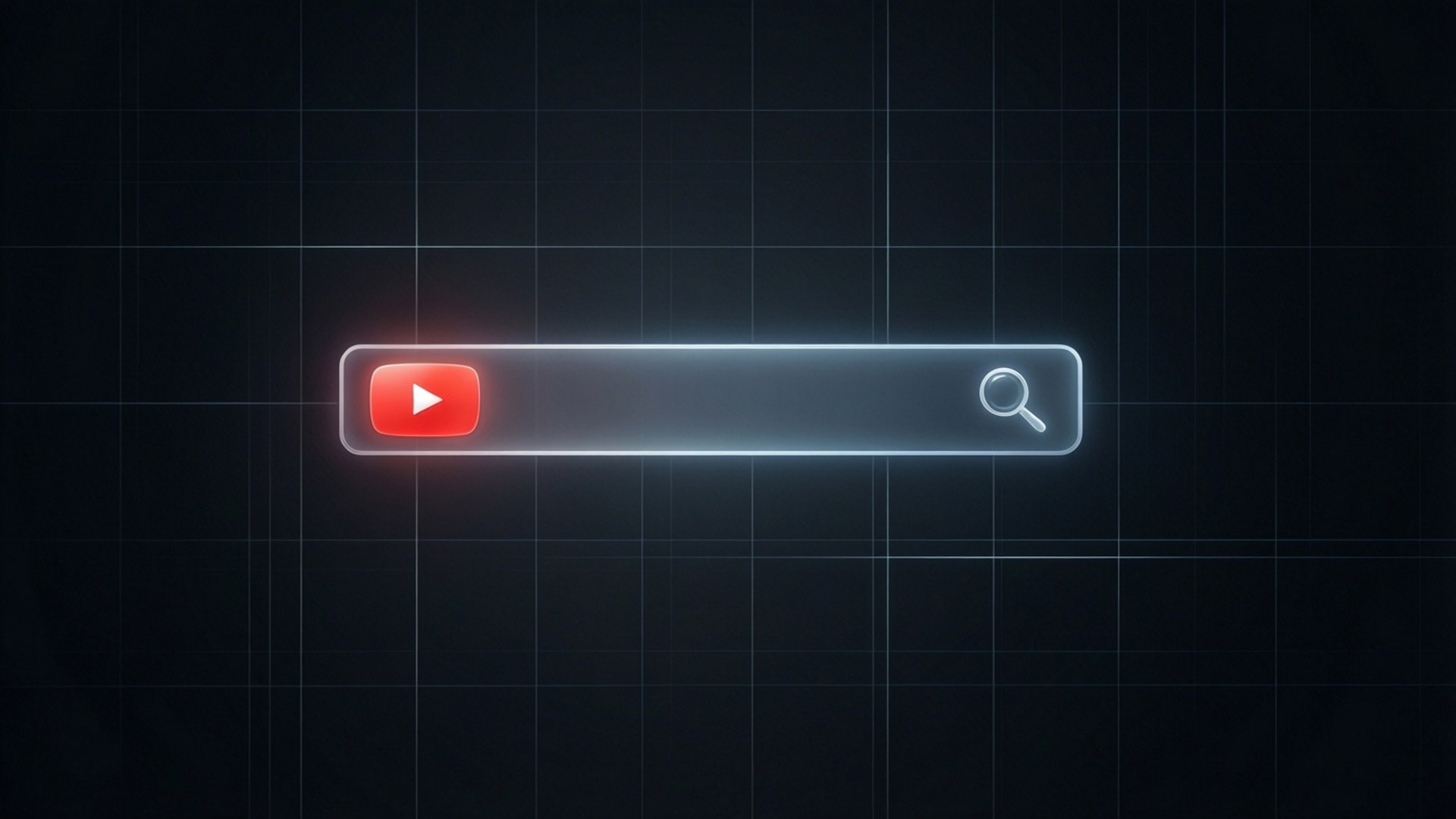 桌布 壁紙 — 發光的YouTube搜尋欄，帶有紅色播放按鈕和放大鏡圖標，背景為深色網格。