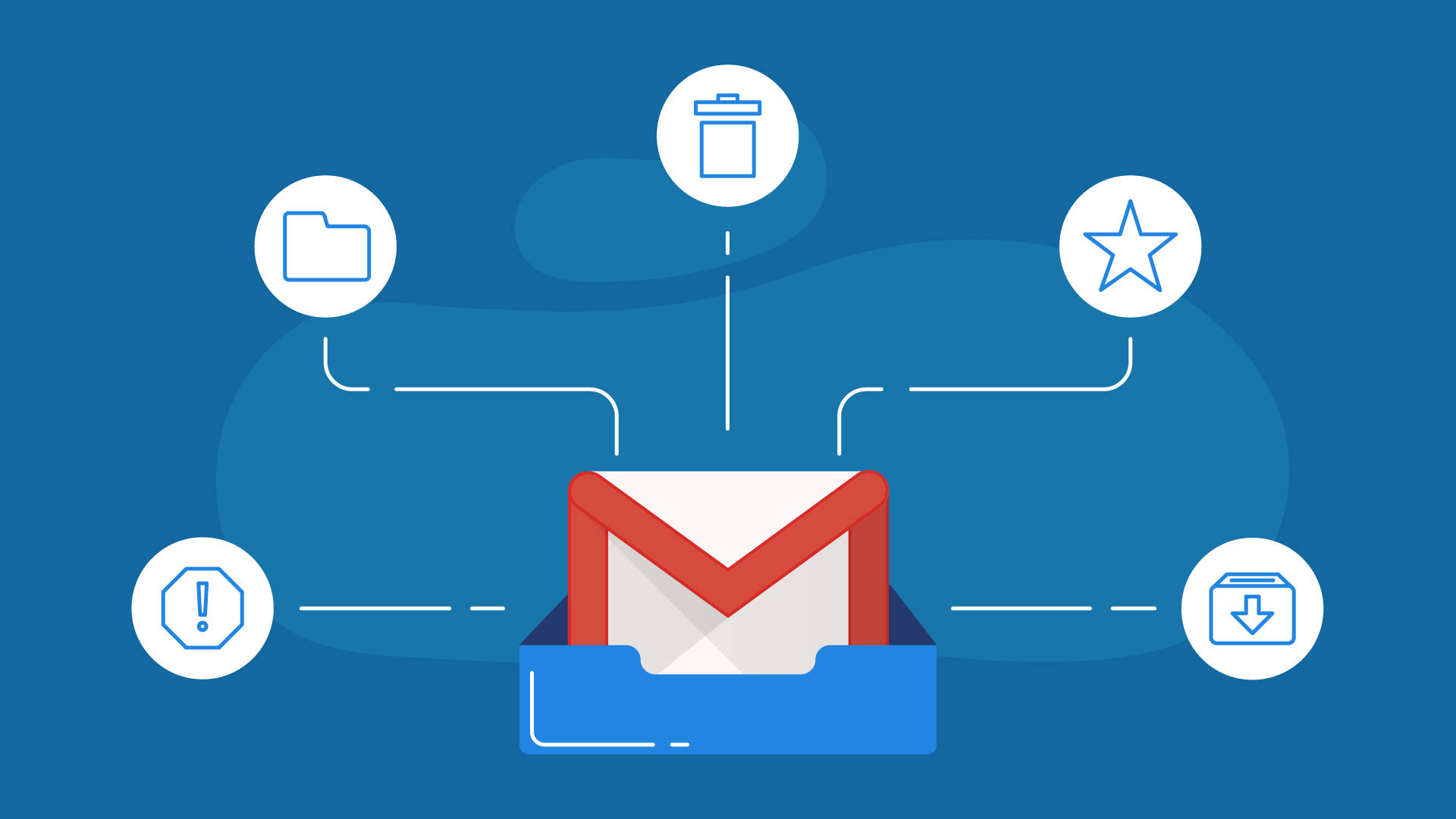 Gmail 電子郵件選項壁紙 壁紙 — 一個Gmail信封圖標，周圍環繞著文件夾、垃圾桶、星號、下載和警報圖標，背景為藍色漸變。
