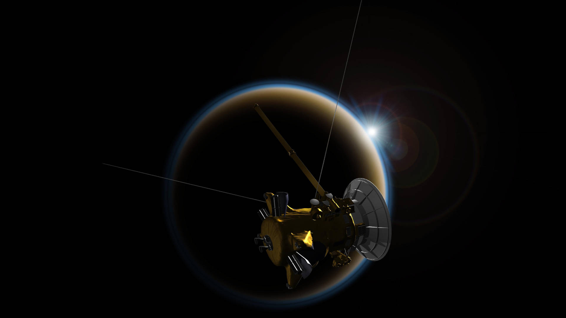 Gmail月球衛星 壁紙 — 一艘金色太空船繞著一顆擁有發光藍色大氣層的行星運行，背景是星光點點的黑色虛空。