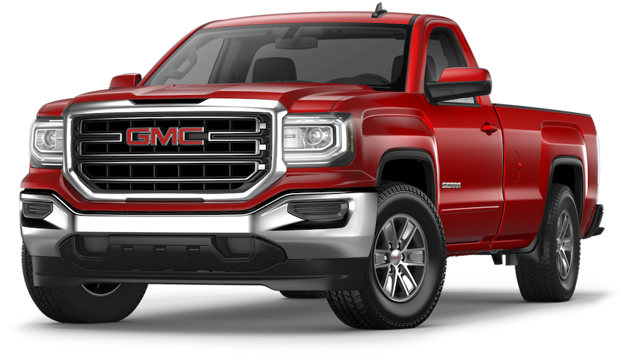 紅色GMC皮卡車 壁紙 — 一輛光澤的紅色 GMC Sierra 皮卡車，在工作室燈光下展示，帶有鍍鉻裝飾和詳細輪胎。