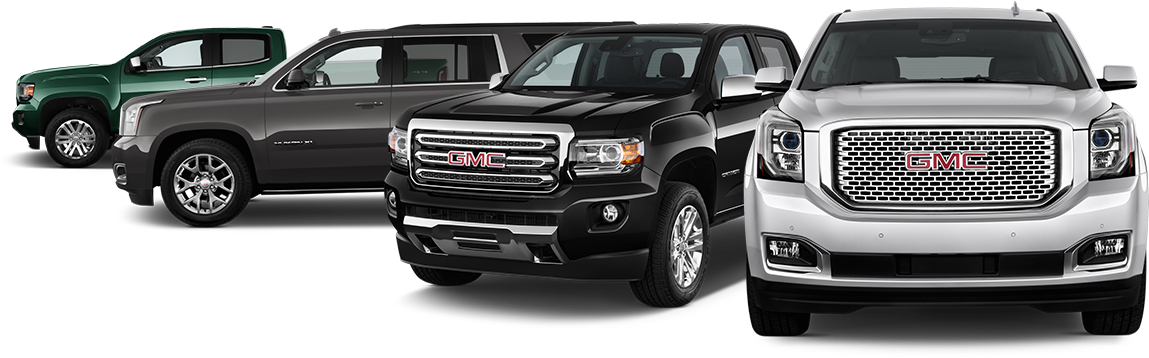 GMC車款系列 壁紙 — 四輛綠色、灰色、黑色和銀色的 GMC 車輛在黑色背景上展示。