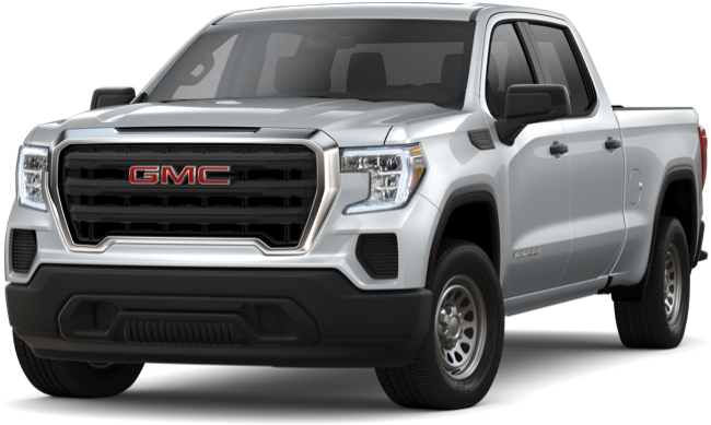 白色GMC皮卡車外觀 壁紙 — 一輛時尚的銀色GMC Sierra皮卡車，在工作室拍攝中展現簡潔線條和現代車頭燈。