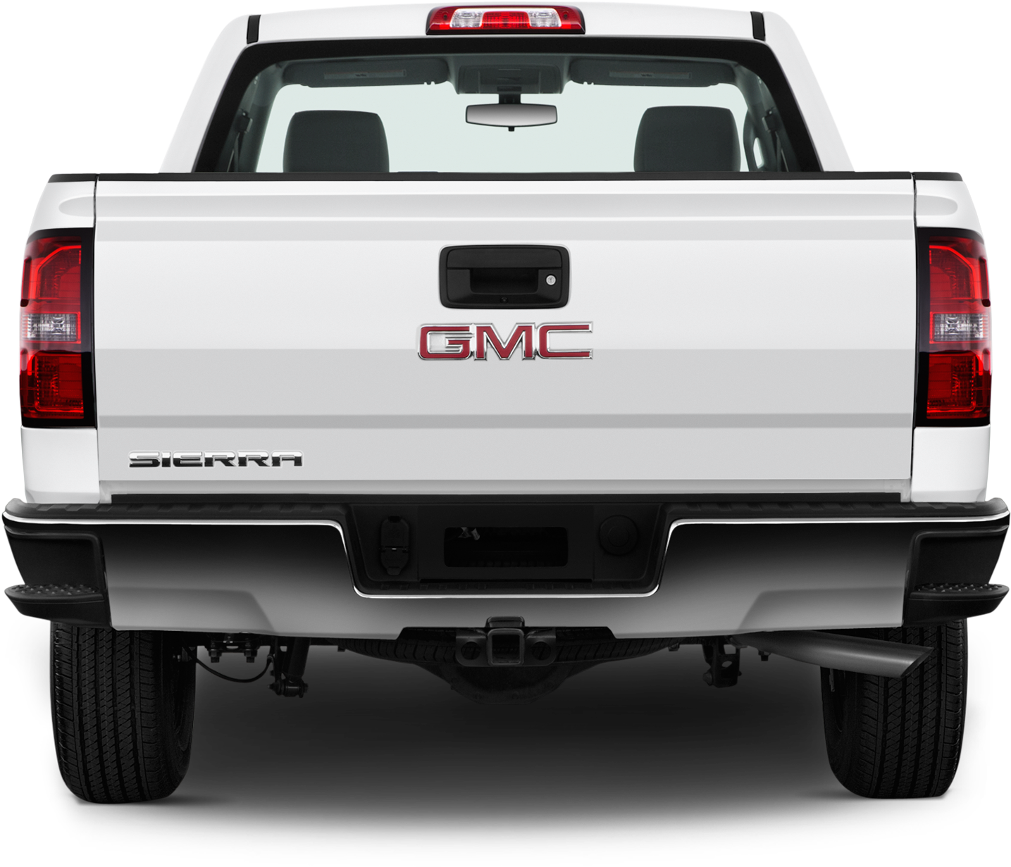 GMC Sierra 後視圖 壁紙 — 白色GMC Sierra皮卡車的後視圖，帶有紅色尾燈和鍍鉻裝飾，背景為黑色。