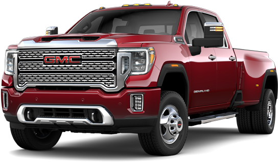紅色GMC Sierra Denali HD卡車 壁紙 — 一輛亮紅色的 GMC Sierra Denali HD 皮卡車在黑色背景下的攝影棚燈光中展示。
