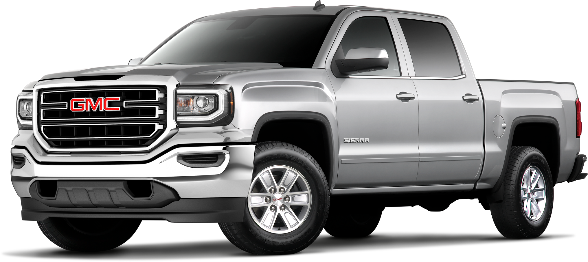 GMC Sierra皮卡側視圖 壁紙 — 一輛時尚的銀色GMC Sierra皮卡車在乾淨的攝影棚拍攝中展示，帶有鍍鉻裝飾和現代車頭燈。