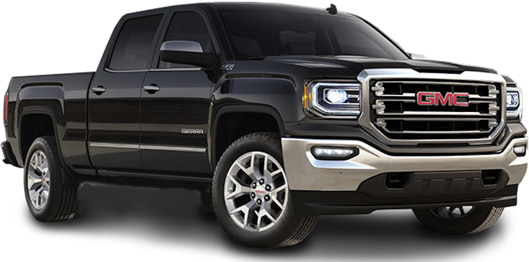 GMC Sierra皮卡 壁紙 — 一輛時尚的黑色GMC Sierra皮卡車，帶有鍍鉻裝飾和發光車頭燈，孤立在透明背景上。