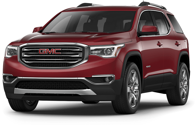 紅色GMC SUV 2023款 壁紙 — 一輛光澤紅色GMC Acadia SUV，在攝影棚拍攝，帶有鍍鉻飾件和合金輪圈。