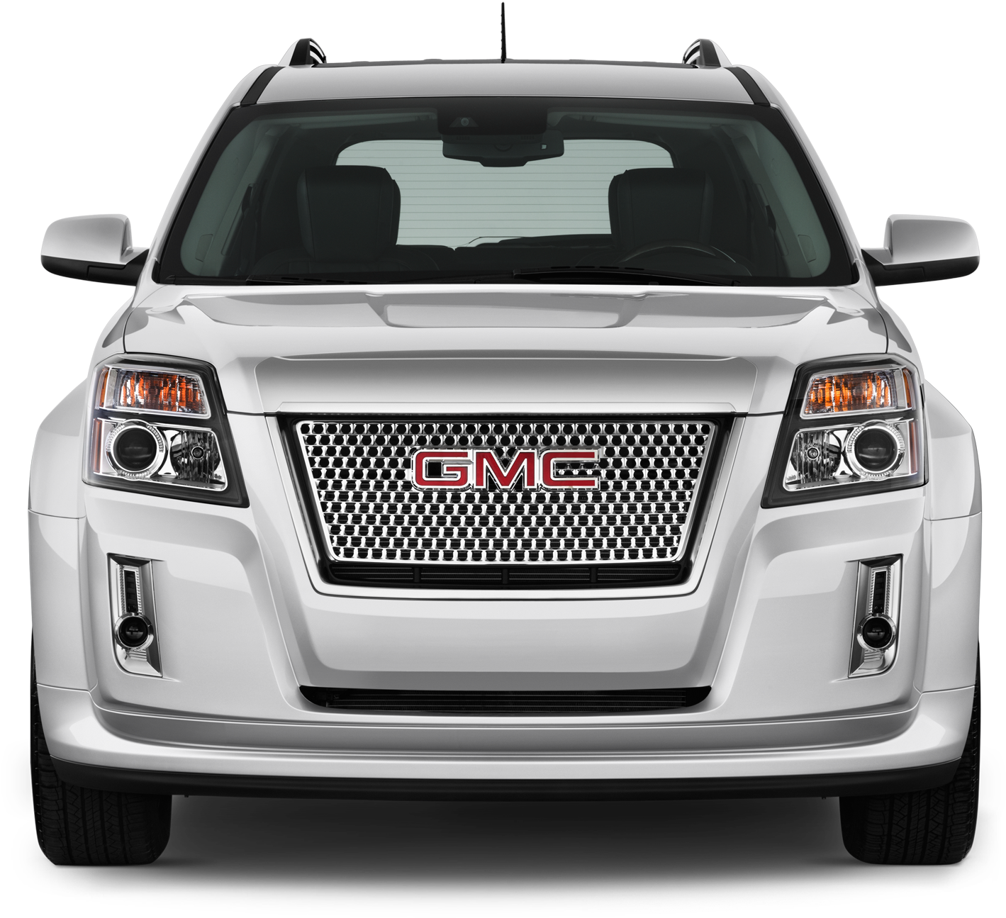 白色 GMC SUV 前視圖 壁紙 — 白色GMC SUV的前視圖，帶有鍍鉻格柵和發光的琥珀色頭燈，背景為黑色。