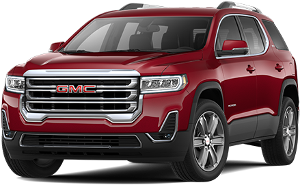紅色GMC SUV側面視圖 壁紙 — 一輛光澤的紅色GMC Acadia SUV在工作室燈光下展示，帶有鍍鉻飾條和合金輪圈。