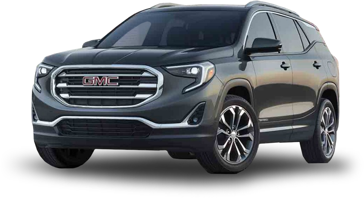 深灰色 GMC SUV 側面視圖 壁紙 — 一輛時尚的深灰色GMC Terrain SUV以四分之三視角展示，黑色背景，帶有鍍鉻飾邊和合金輪圈。