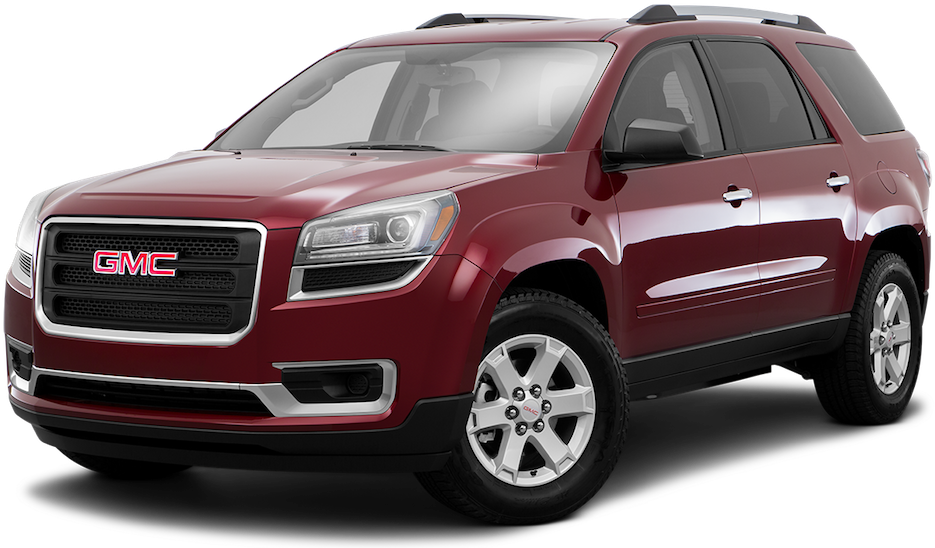 紅色GMC SUV側面視圖 壁紙 — 一輛亮面棗紅色GMC Acadia SUV以四分之三視角展示在透明背景上。