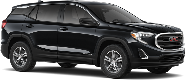 黑色GMC Terrain SUV側視圖 壁紙 — 一輛時尚的黑色GMC Terrain SUV，在純黑色背景上以側面展示，帶有鍍鉻飾條和現代化頭燈。