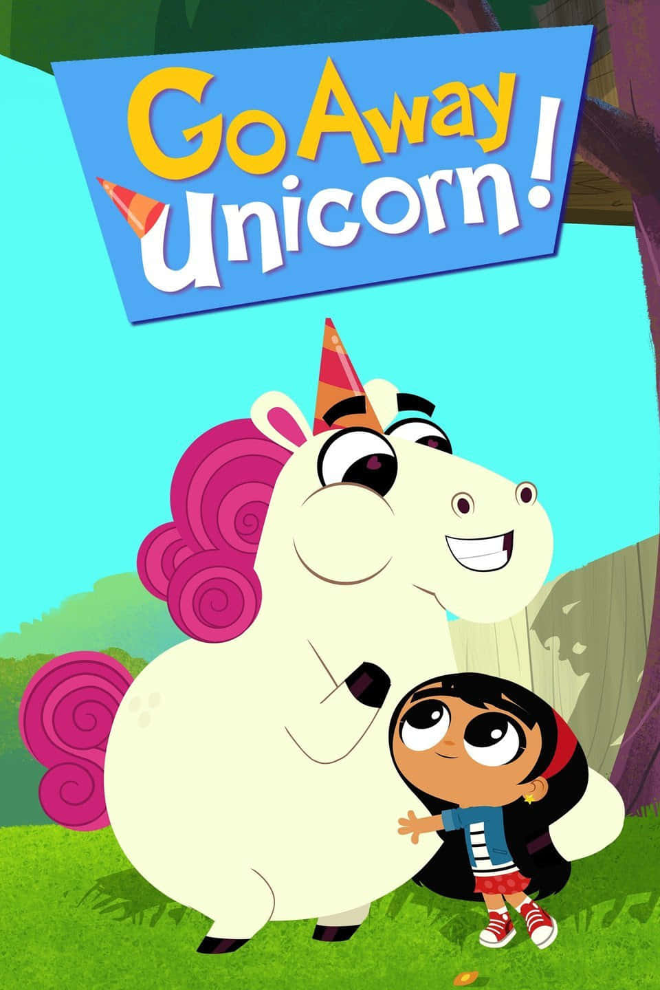 《Go Away Unicorn!》動畫開場片頭畫面 壁紙 — 一隻快樂的卡通獨角獸，帶有粉紅色螺旋鬃毛和派對帽，站在一個小女孩旁邊，在明亮的藍天下的一片草地戶外場景中。