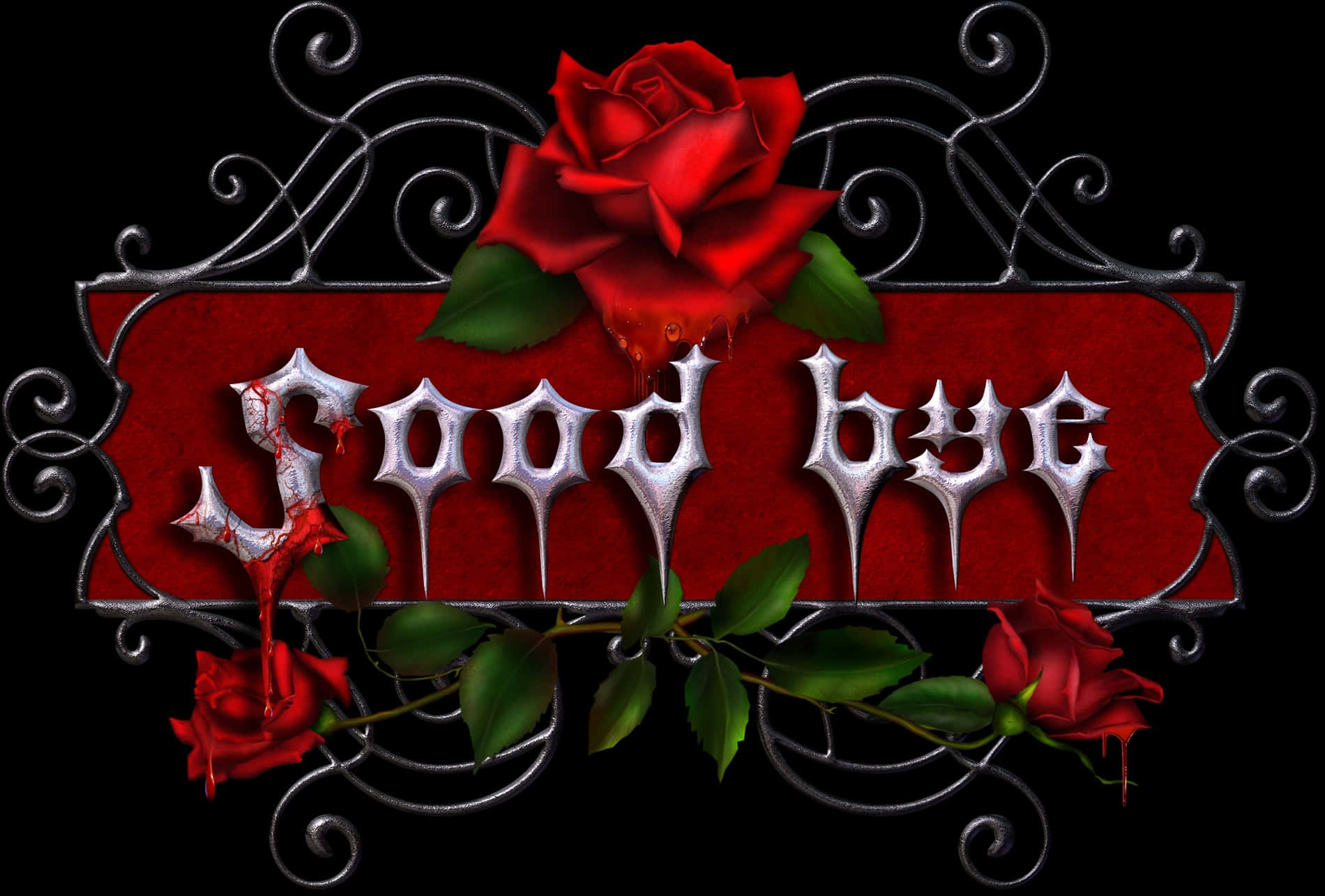  壁紙 — 一個哥德式標誌，帶有滴血的銀色字母拼出「good bye」，以華麗的黑色鐵藝和鮮紅玫瑰鑲嵌在黑色背景上。