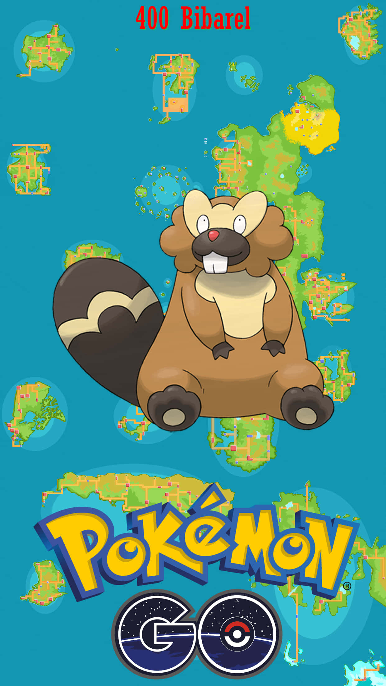 寶可夢 Go 比巴拉爾海報 壁紙 — 一隻名為大尾狸的卡通海狸寶可夢坐在藍色背景中央，周圍有漂浮的地圖碎片，下方有Pokémon GO標誌。