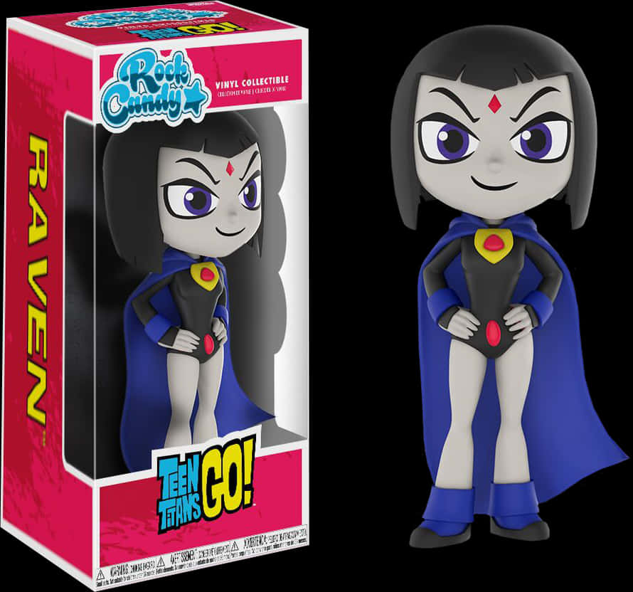少年正義聯盟Go：蕾恩 Funko Pop 壁紙 — 來自《少年悍將GO！》的Q版瑞文乙烯基人偶，在黑色背景前站在粉紅色包裝旁。