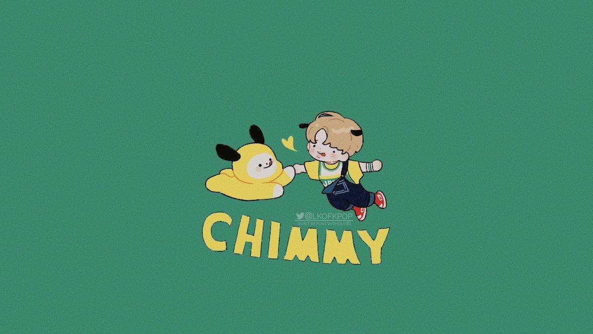 GO GO 崔然竣與奇米 Bt21 壁紙 — 一個穿著工裝褲的開朗卡通男孩，在純青色背景上與一個黃色毛絨生物牽手。