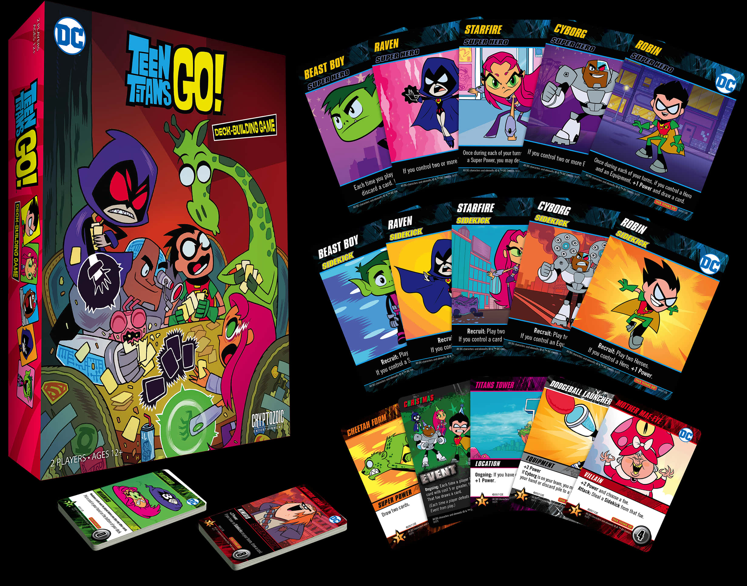少年正義聯盟Go！卡牌對戰遊戲 壁紙 — 色彩鮮豔的Teen Titans Go!卡牌遊戲盒和角色卡展示在黑色背景上。