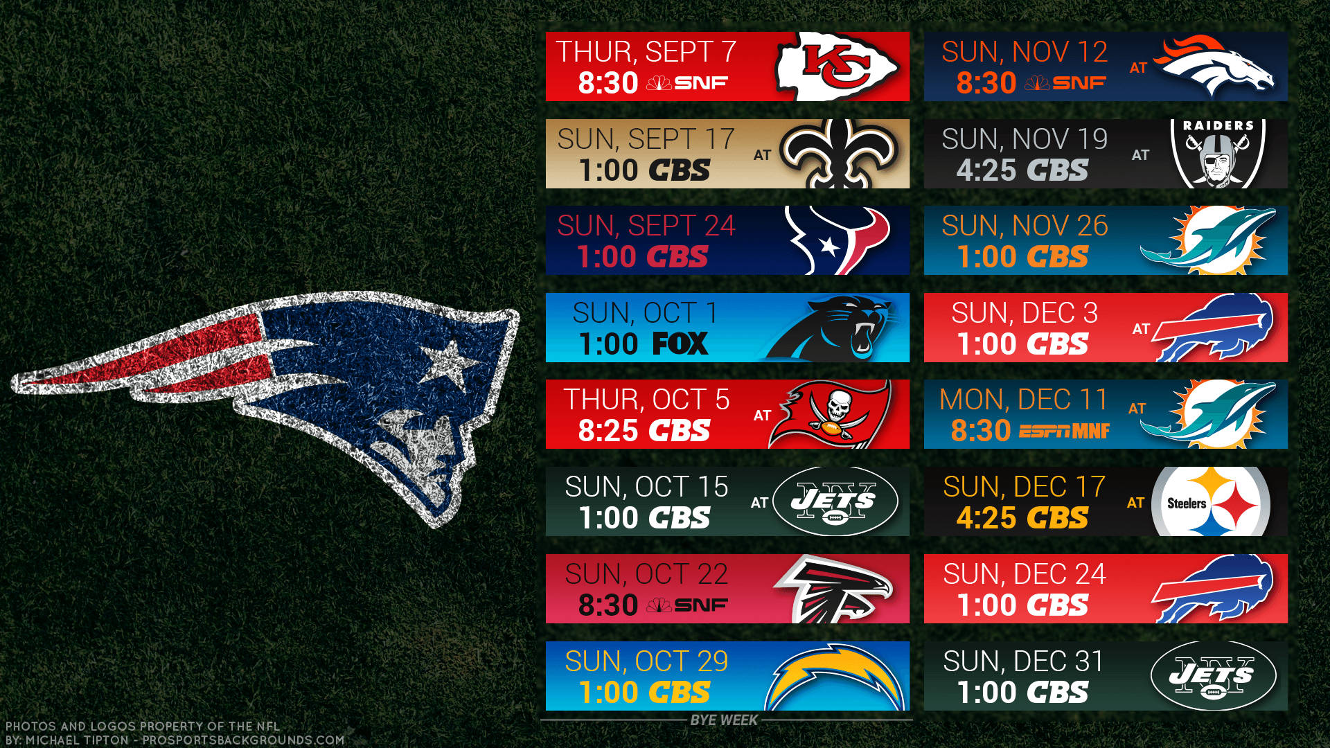 草地上的新英格蘭愛國者隊標誌與NFL比賽日程方塊。