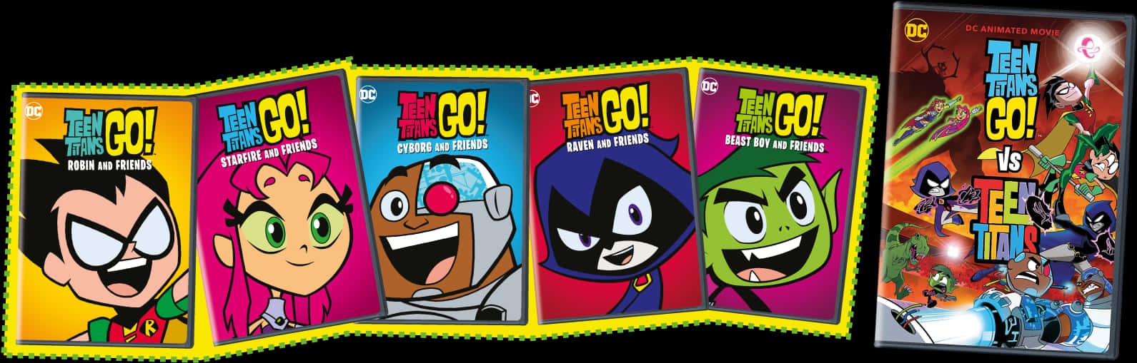 少年正義聯盟Go角色封面集 壁紙 — 五張色彩繽紛的 Teen Titans Go! 角色海報以扇形展開，右側有一張電影海報。