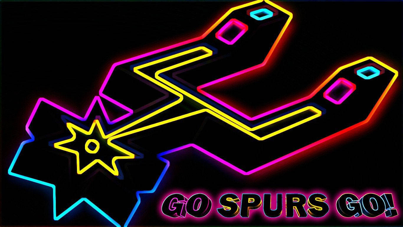 聖安東尼奧馬刺隊 Go Spurs Go 壁紙 — 一顆星星和一個風格化的「C」形狀的鮮豔霓虹輪廓在黑色背景上發光，並帶有「GO SPURS GO!」文字。