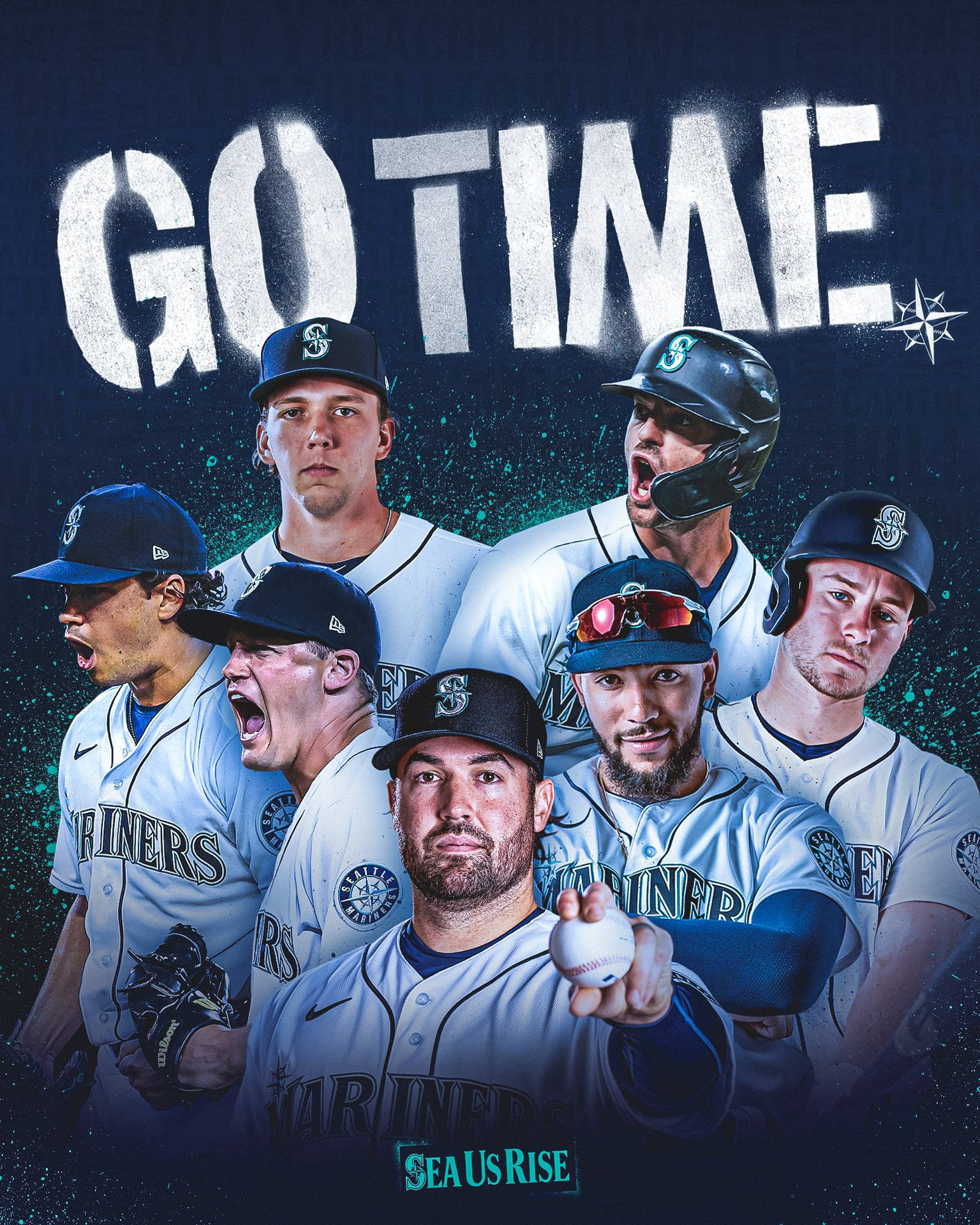 西雅圖水手隊棒球選手擺出動作姿勢，帶有「GO TIME」文字。