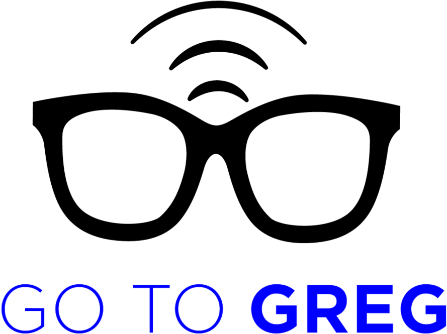 GO TO GREG 無線眼鏡標誌 壁紙 — 大膽的藍色發光文字在純黑色背景上顯示 go to greg。