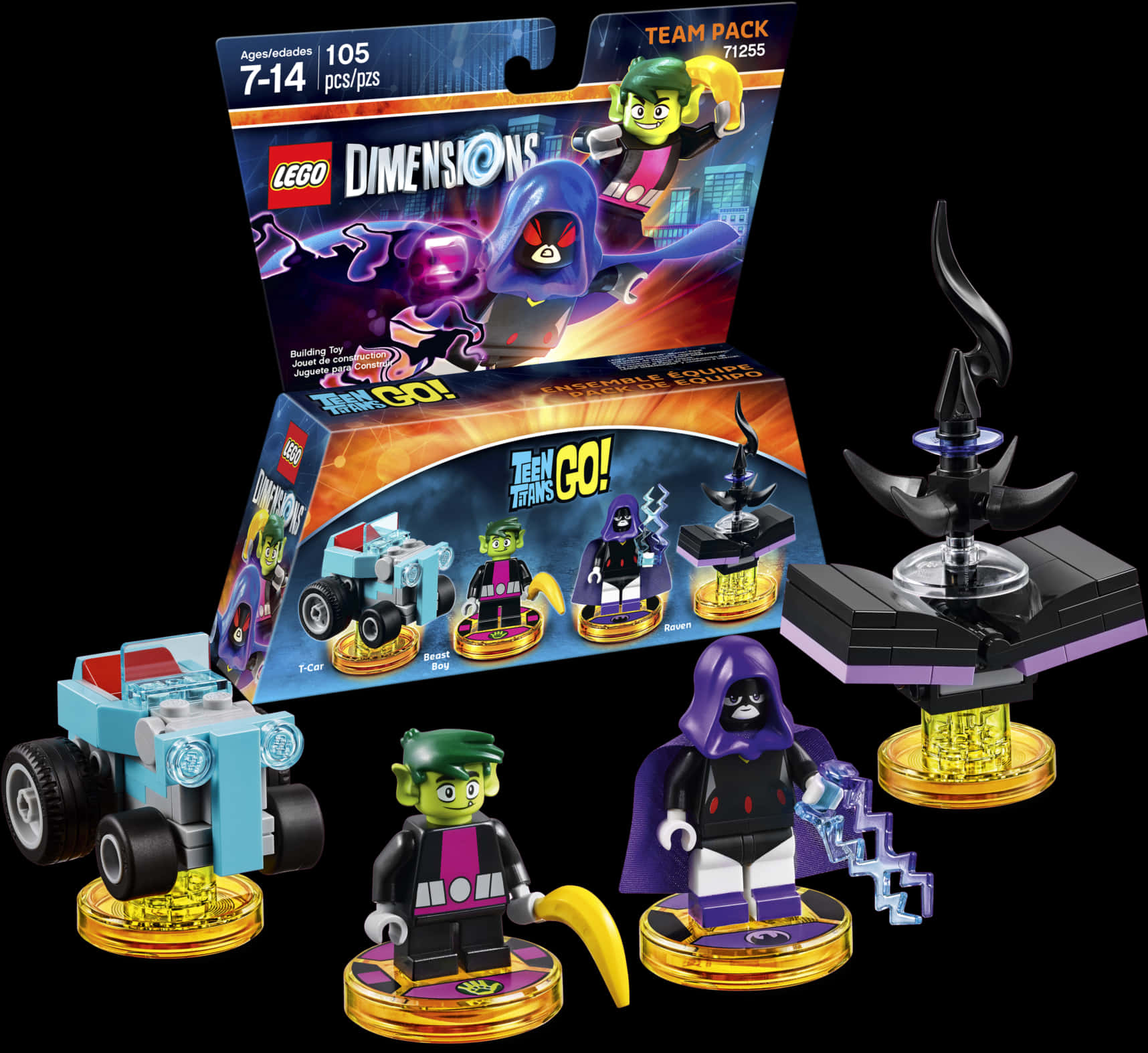 樂高次元 少年正義聯盟Go 組合包 壁紙 — LEGO Dimensions 少年悍將GO！團隊包，包含角色野獸男孩、瑞雯和T型車，背景為黑色。