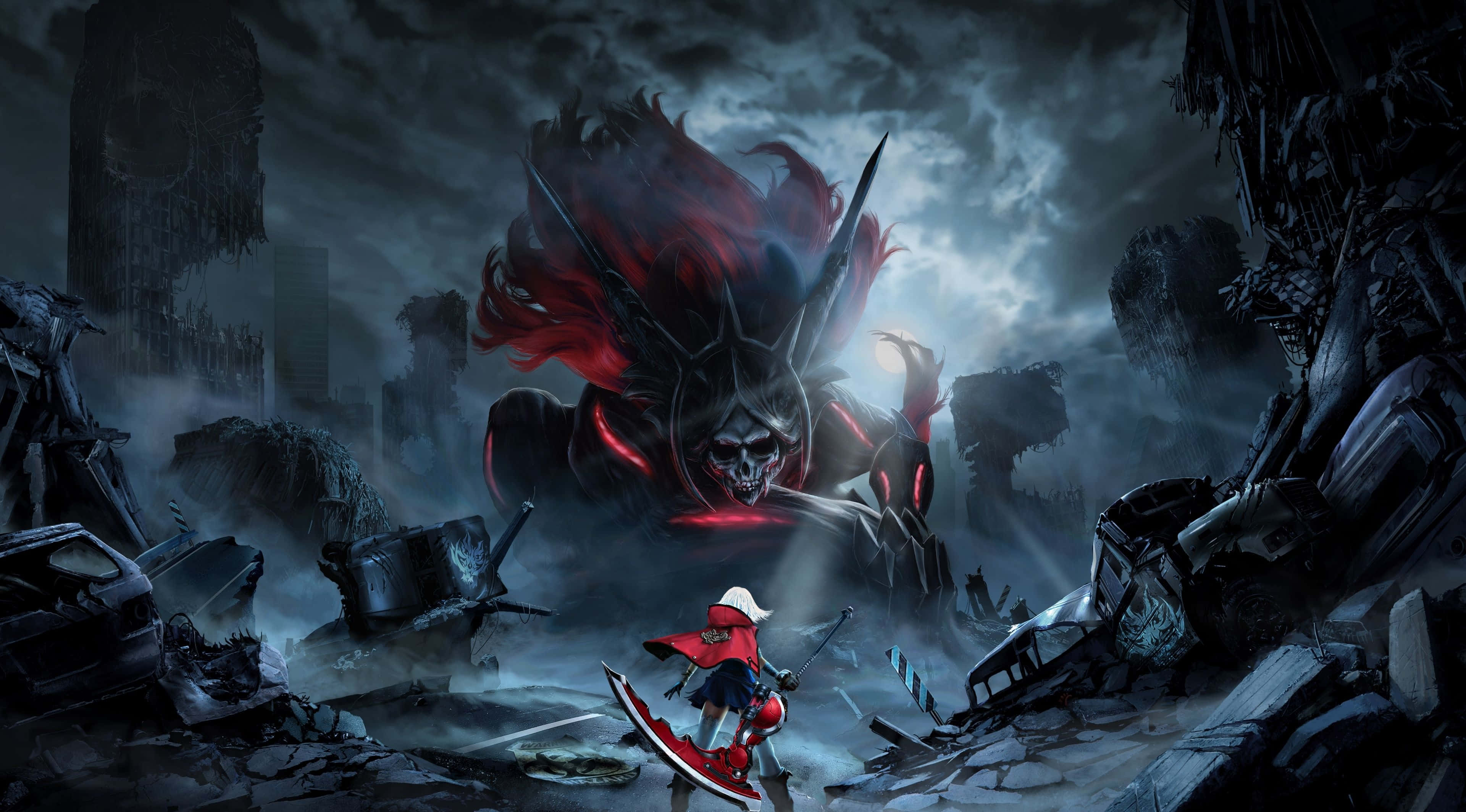 《God Eater》遊戲中的超高清震撼戰鬥場景 壁紙 — 一個孤獨的紅衣戰士在廢墟、風暴肆虐的城市景觀中，挑釁地站在一個高聳的惡魔骷髏怪物面前。