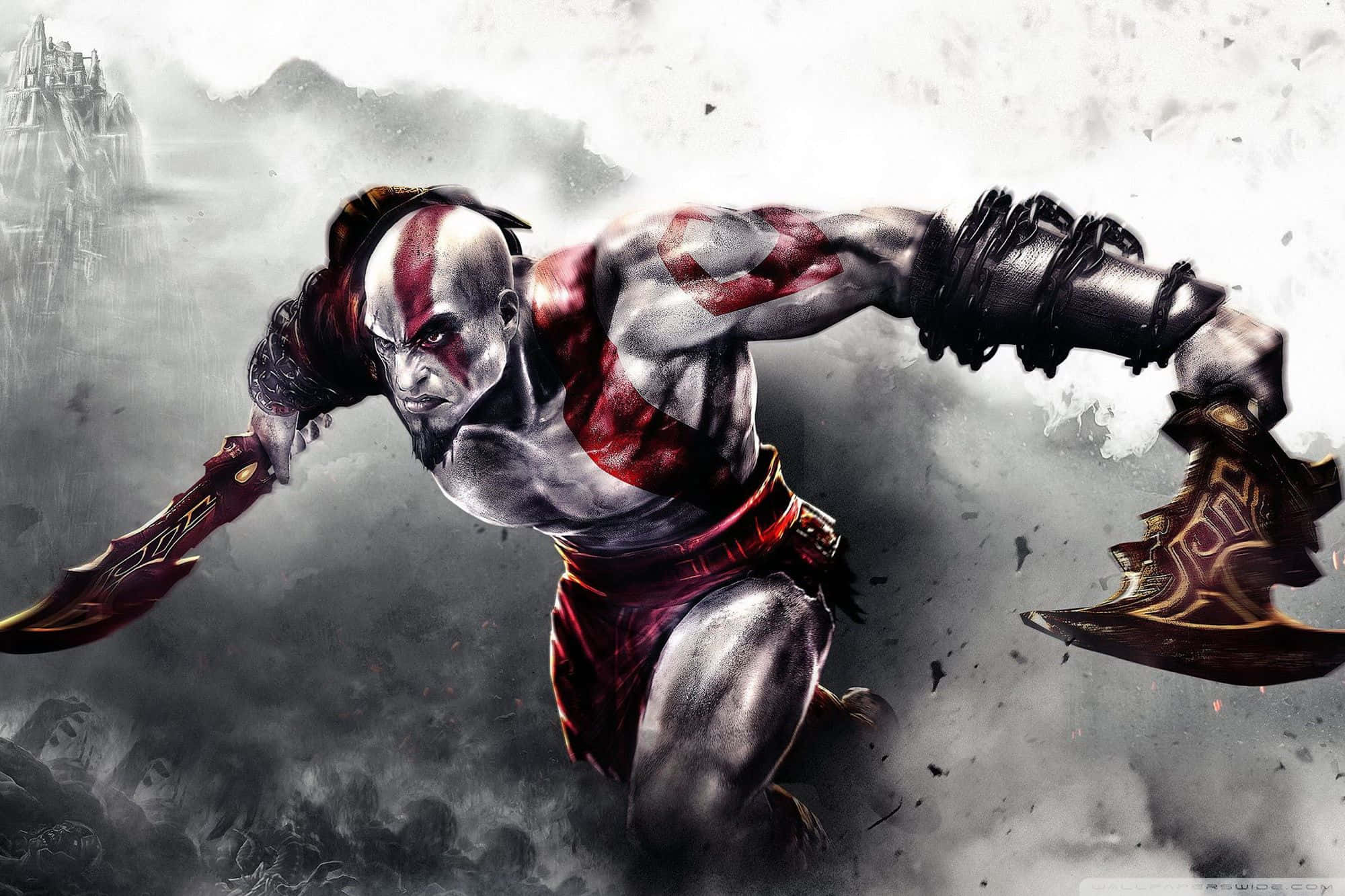 《God of War》所有遊戲角色 壁紙 — 奎托斯在風雨交加的背景下，拔出刀刃衝向前方，背景是崩塌的廢墟和烏雲。