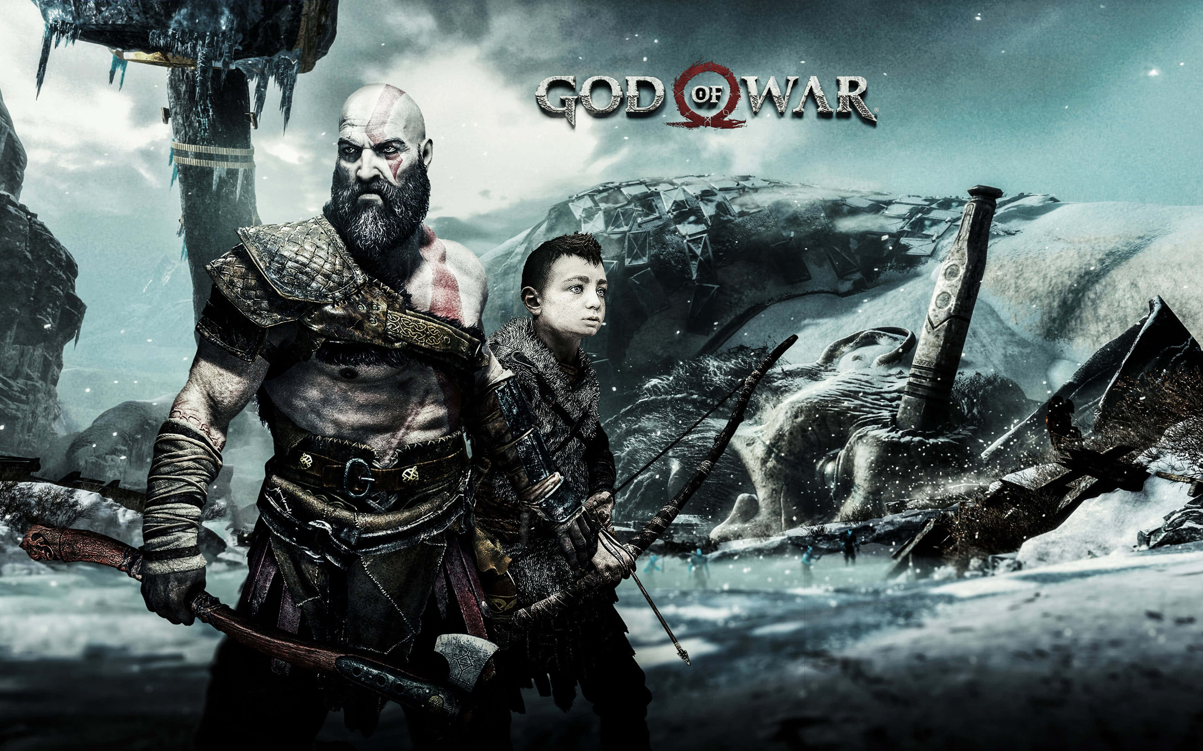 God Of War 桌布 壁紙 — 《God of War》主角克雷多斯與兒子阿特柔斯站在雪地廢墟中，手持武器，天空風暴密佈。