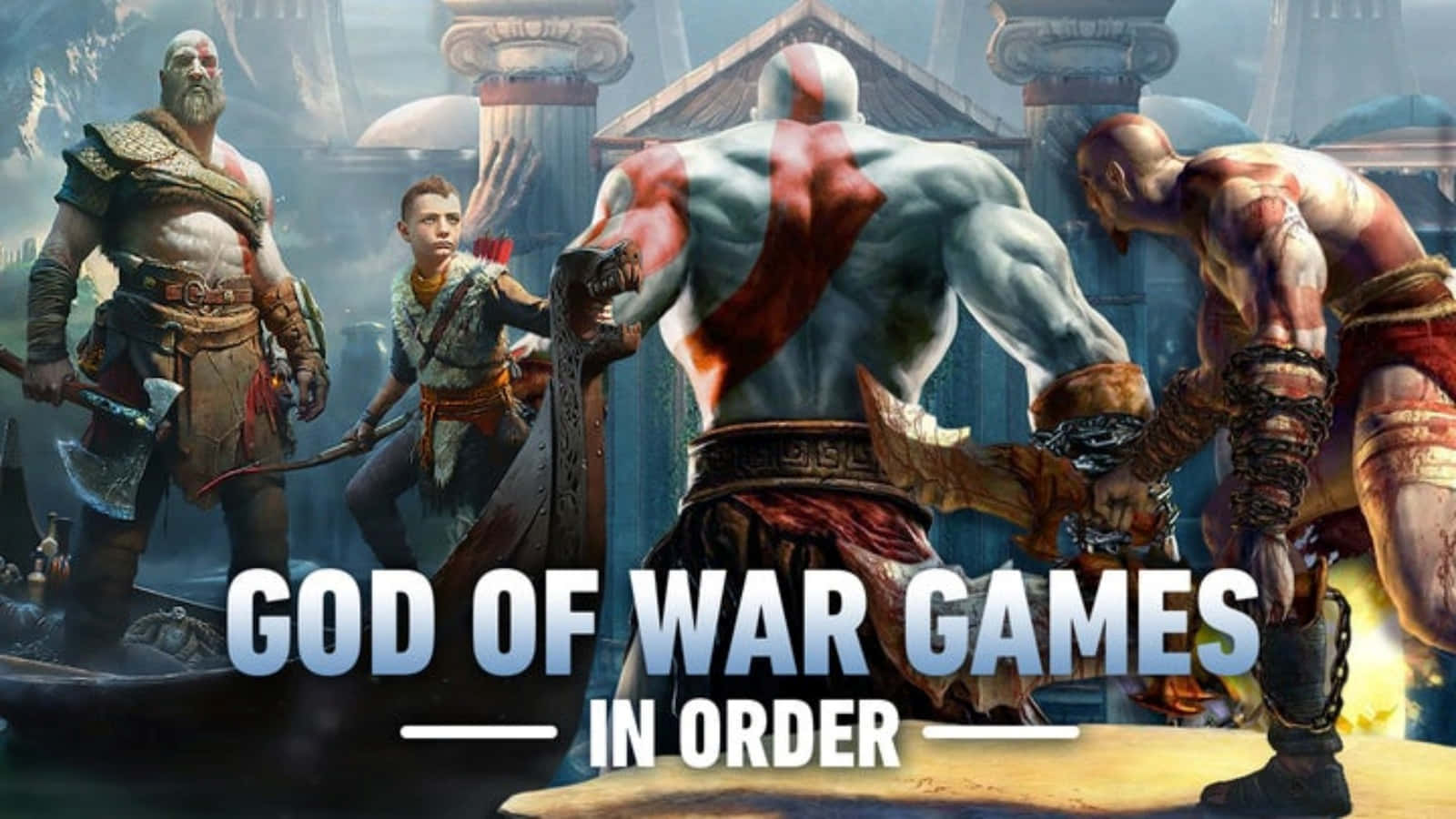God Of War Characters 桌布 壁紙 — God of War 角色站在一個神話般的寺廟中，有柱子和發光的符文，在戲劇性的燈光下。