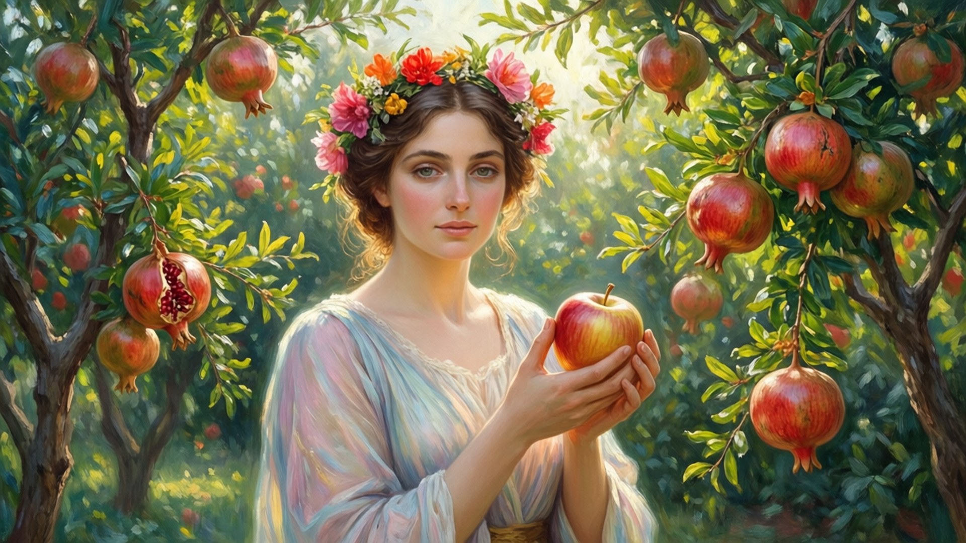 戴花冠女子在陽光沐浴的石榴園中手持蘋果