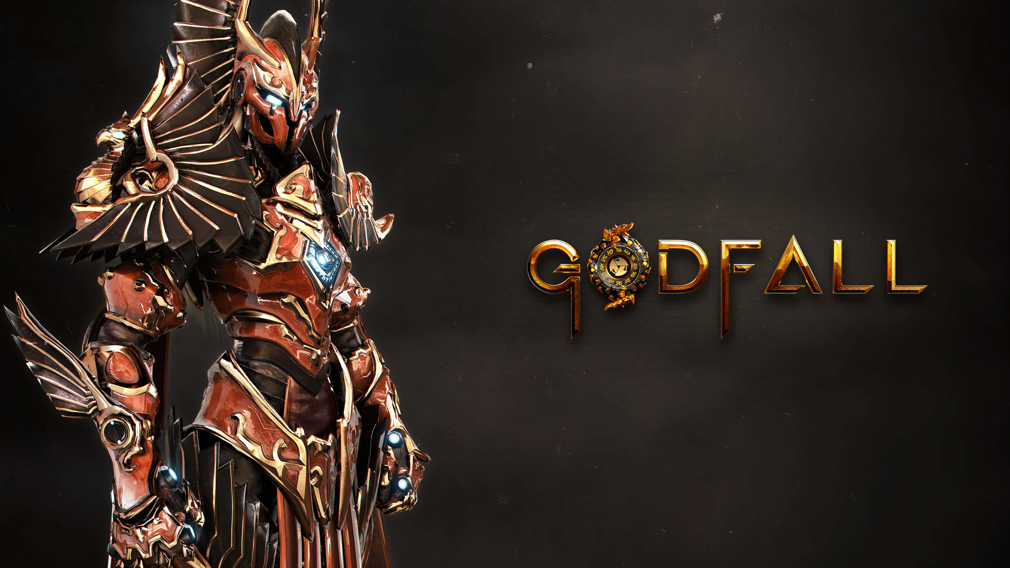 《Godfall》4K 凤凰近景背景 壁紙 — 一個身穿華麗金色和紅色板甲的重裝奇幻戰士，站在黑暗背景前，旁邊是發光的 Godfall 標誌。