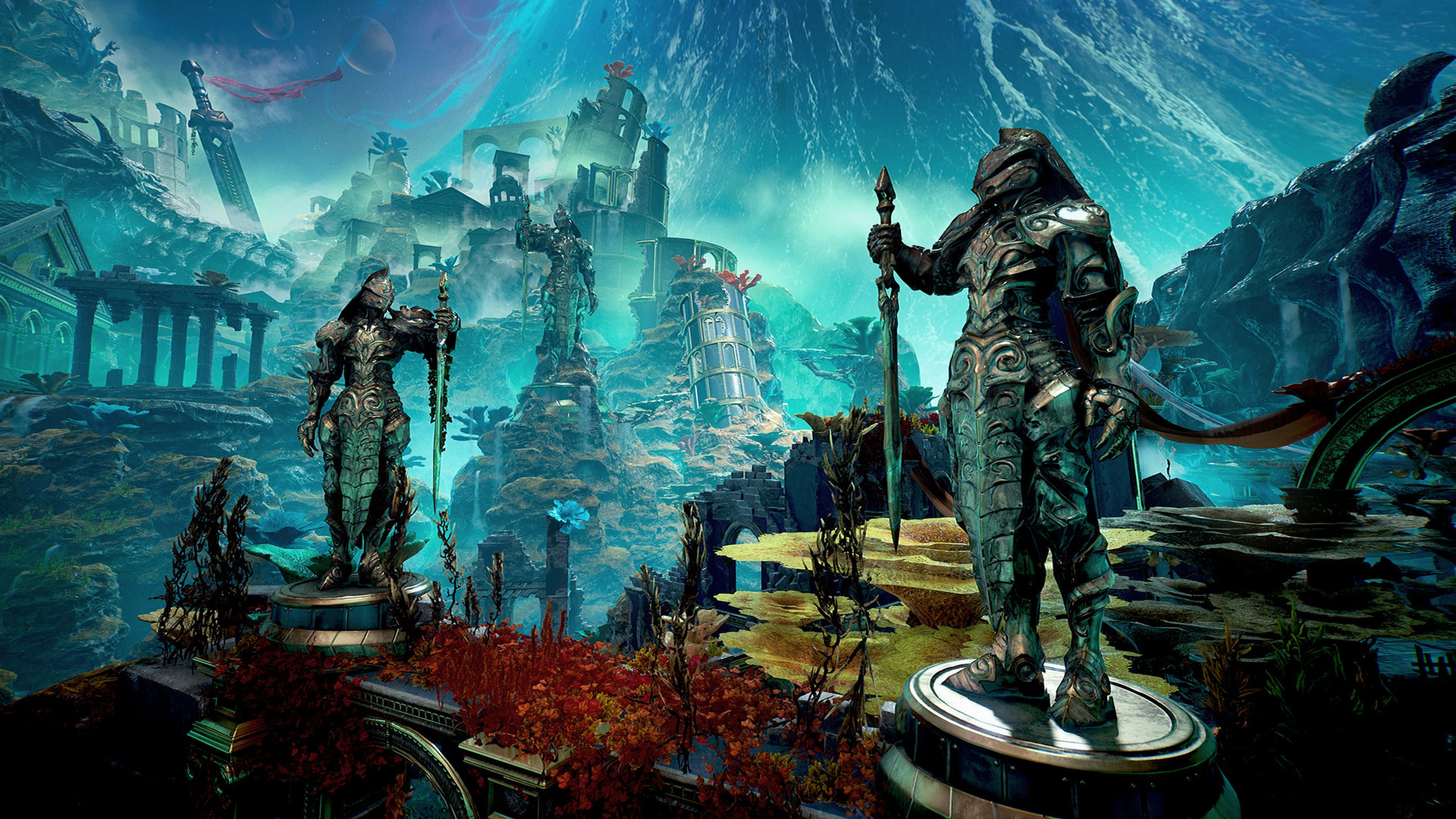 《Godfall》4K 水境巨獸安息地背景 壁紙 — 兩名身穿盔甲的戰士站在詭異青綠色光芒籠罩的超現實水下遺跡中的基座上。