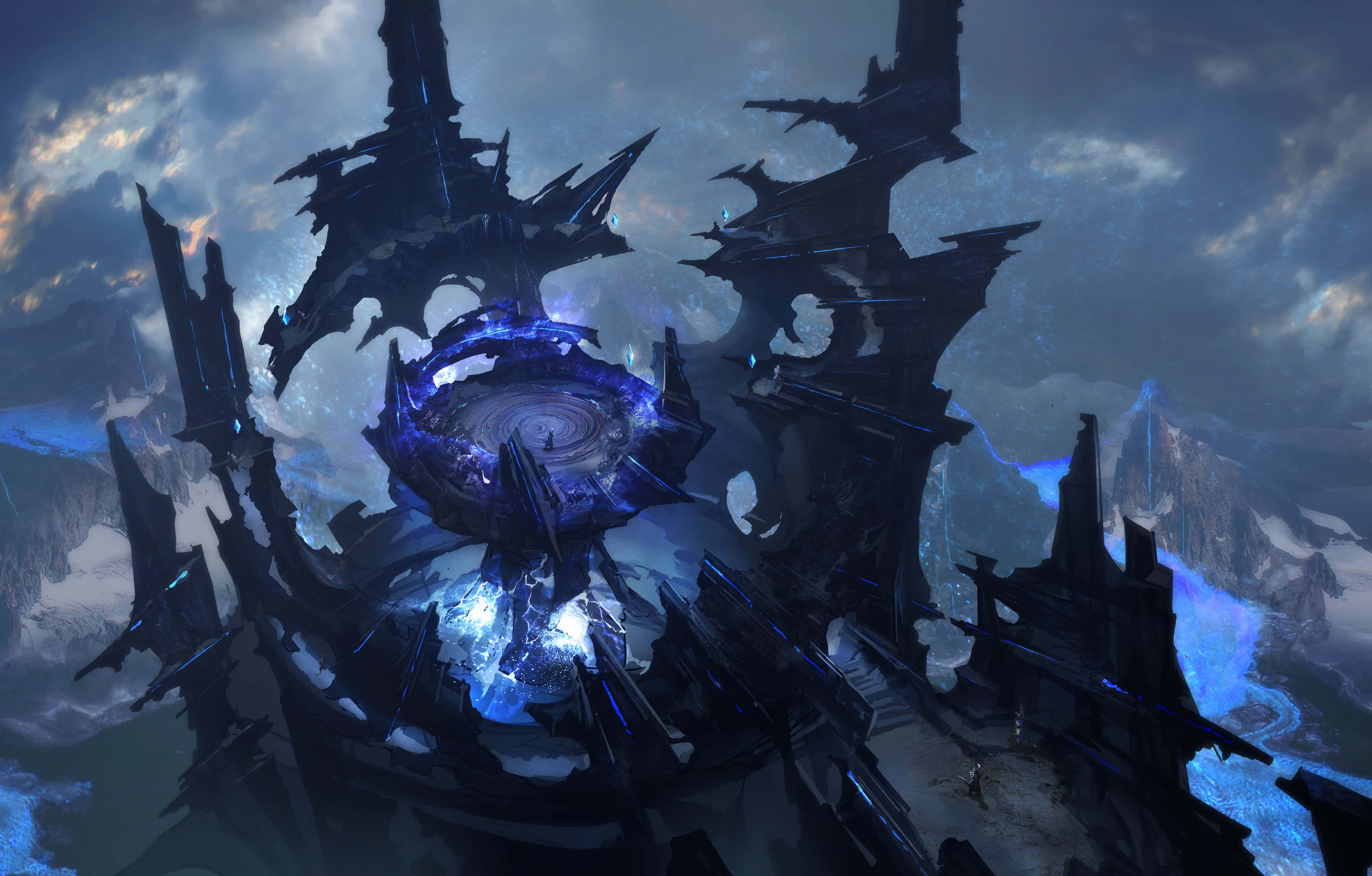 《Godfall》4K 火境晶鑽隘口背景 壁紙 — 一個發光的藍色圓形平台漂浮在鋸齒狀的黑暗尖塔之間，在暴風雨的暮色天空下。
