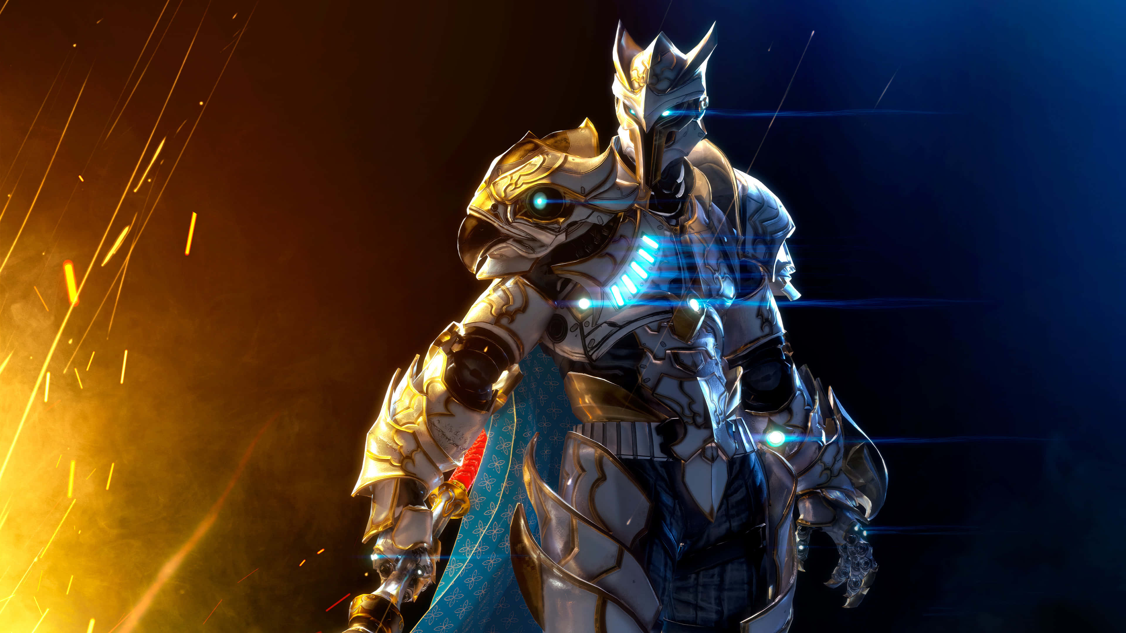 《Godfall》4K 高畫質遊戲背景 壁紙 — 一個未來風格的裝甲戰士，擁有發光的藍色眼睛和能量刀片，站在深藍色背景上的熾熱火花中。