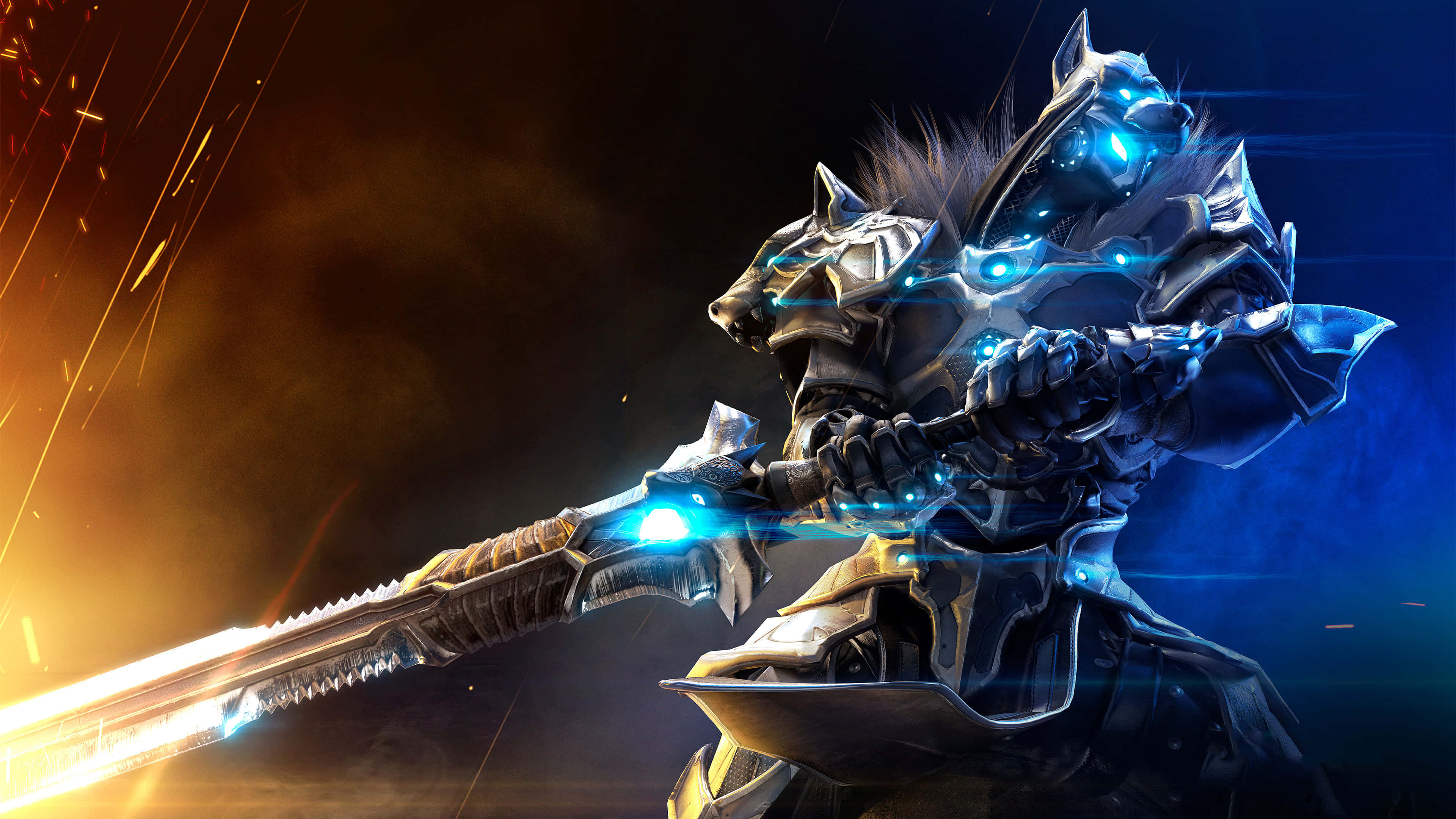 《Godfall》4K 魔法師拔劍背景 壁紙 — 在黑暗背景下，一位未來風格的裝甲戰士，擁有發光的藍色眼睛，劍擊穿過熾熱的火花。