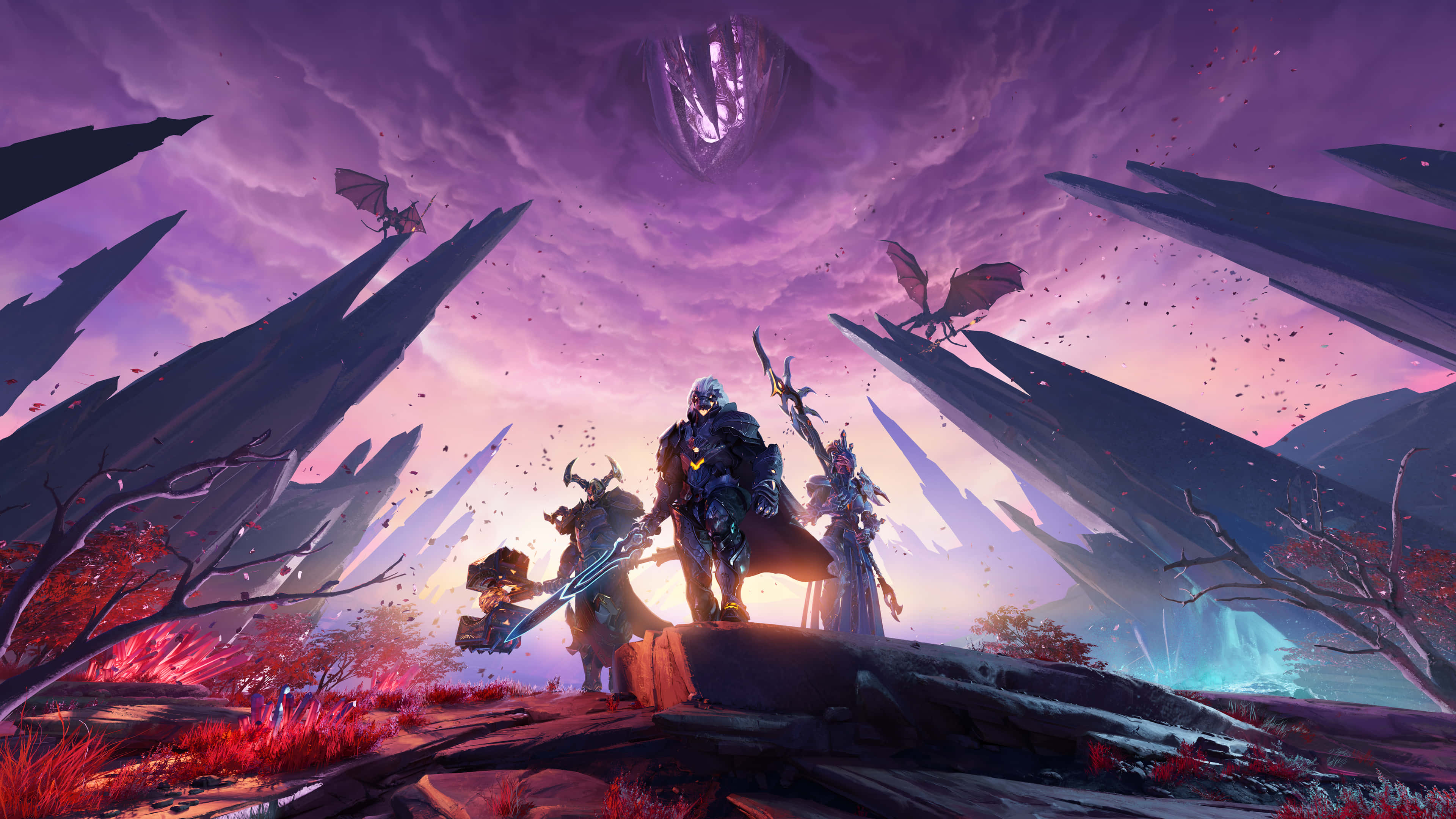 《Godfall》4K背景中的主角Orin與角色 壁紙 — 三名身穿盔甲的戰士站在懸崖邊緣，面對著超現實紫色天空中一個巨大的發光眼睛和飛翔的龍。