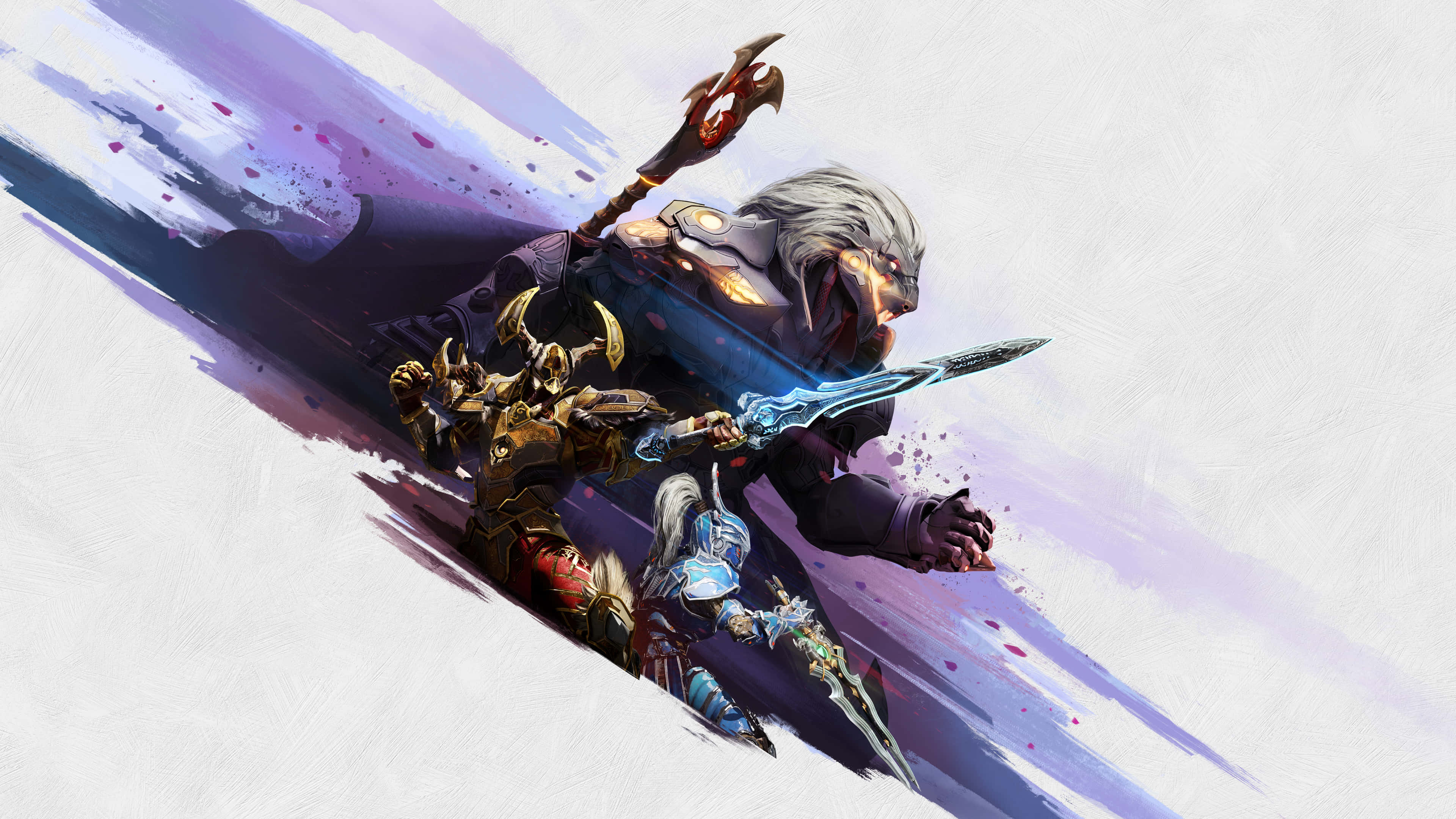 《Godfall》4K背景中的數位藝術角色 壁紙 — 一個動態的動漫戰士，發光的劍劃過紫色和藍色的運動條紋，背景是紋理白色。