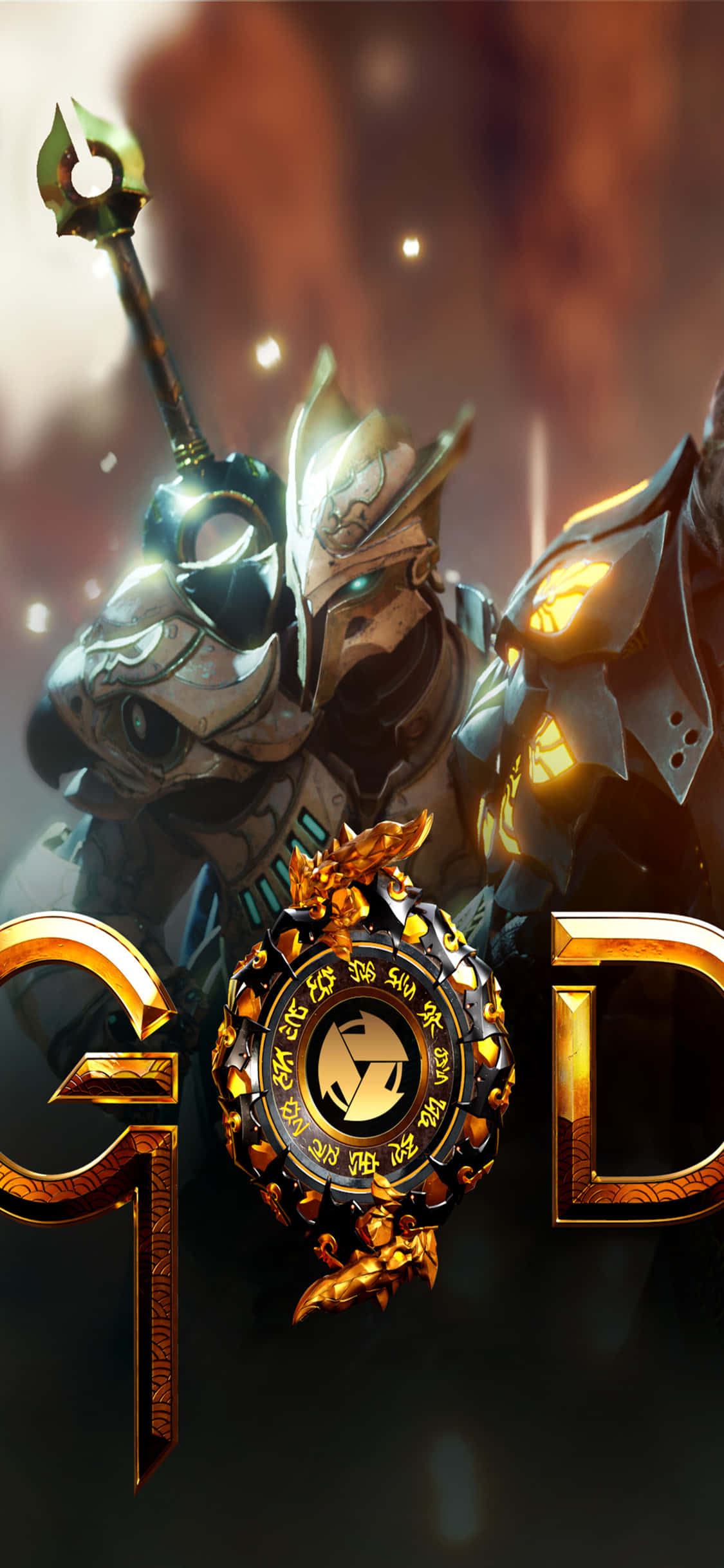 《Godfall》iPhone X 高畫質背景：沉浸式遊戲世界 壁紙 — 一位威嚴的裝甲戰士，擁有發光的眼睛和華麗的金色盔甲，站在熾熱的背景前，手持發光的法杖。