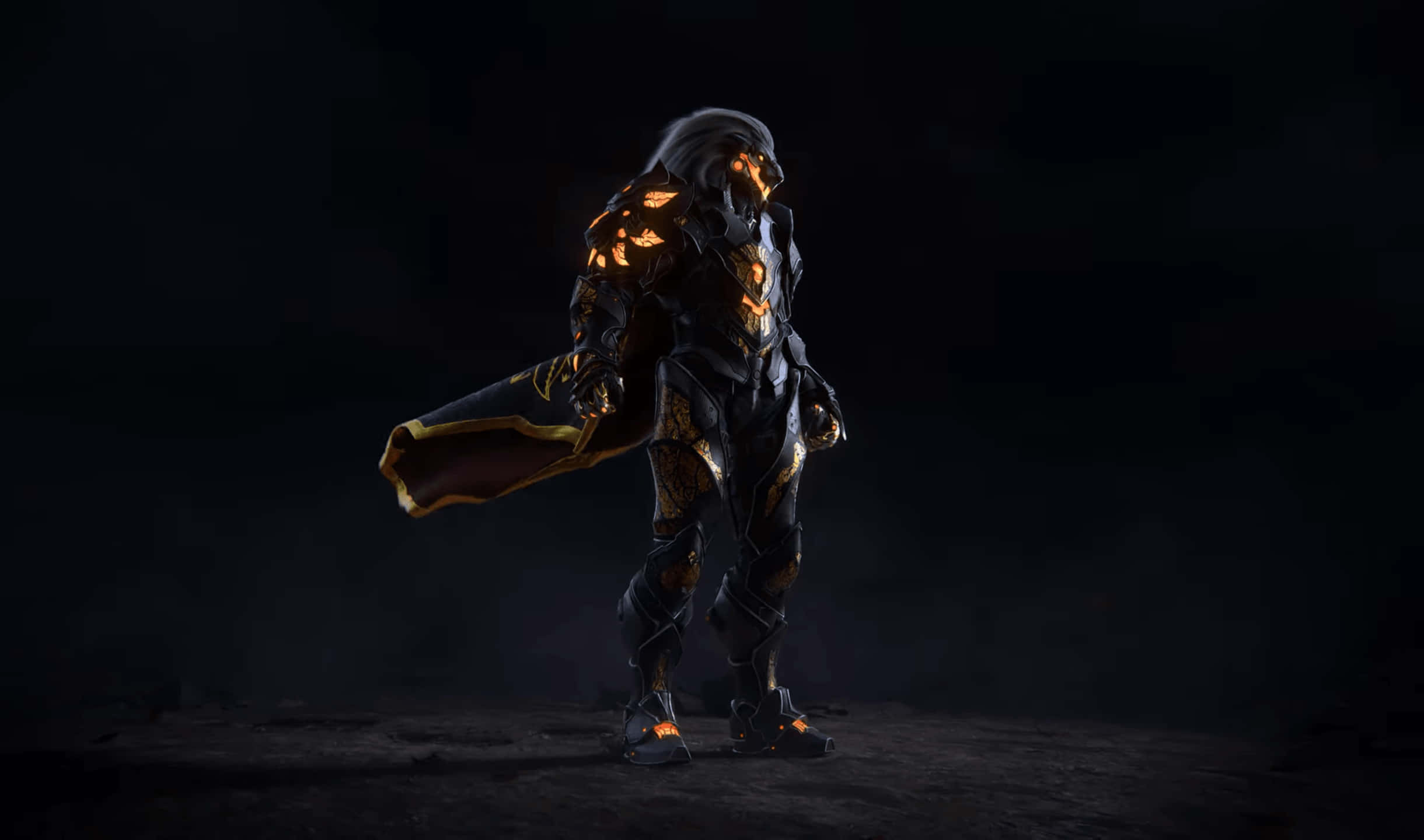 《Godfall》征服敵人 壁紙 — 一個身穿暗色盔甲、帶有發光橙色點綴的戰士，站在陰影黑暗中，手持斗篷。