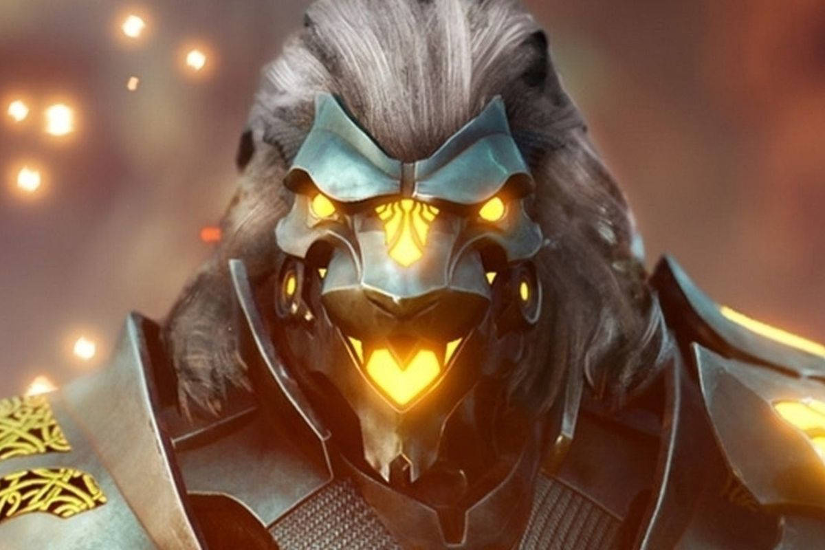 Godfall 戰士戴發光面具 壁紙 — 一個兇猛的獅子戰士，身穿發光的金色盔甲，眼睛發光，肩甲華麗，背景是溫暖的散景。