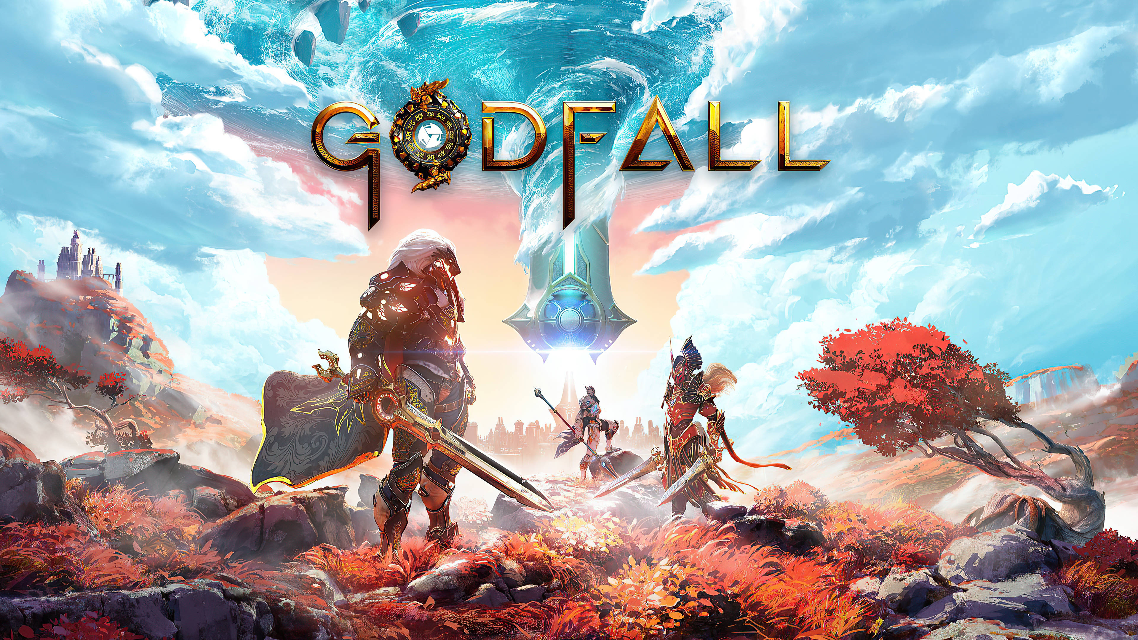 Godfall 森林中的英雄海報 壁紙 — 一名戰士手持發光劍，站在一個漂浮的水晶結構前，背景是充滿活力的秋季奇幻景觀。