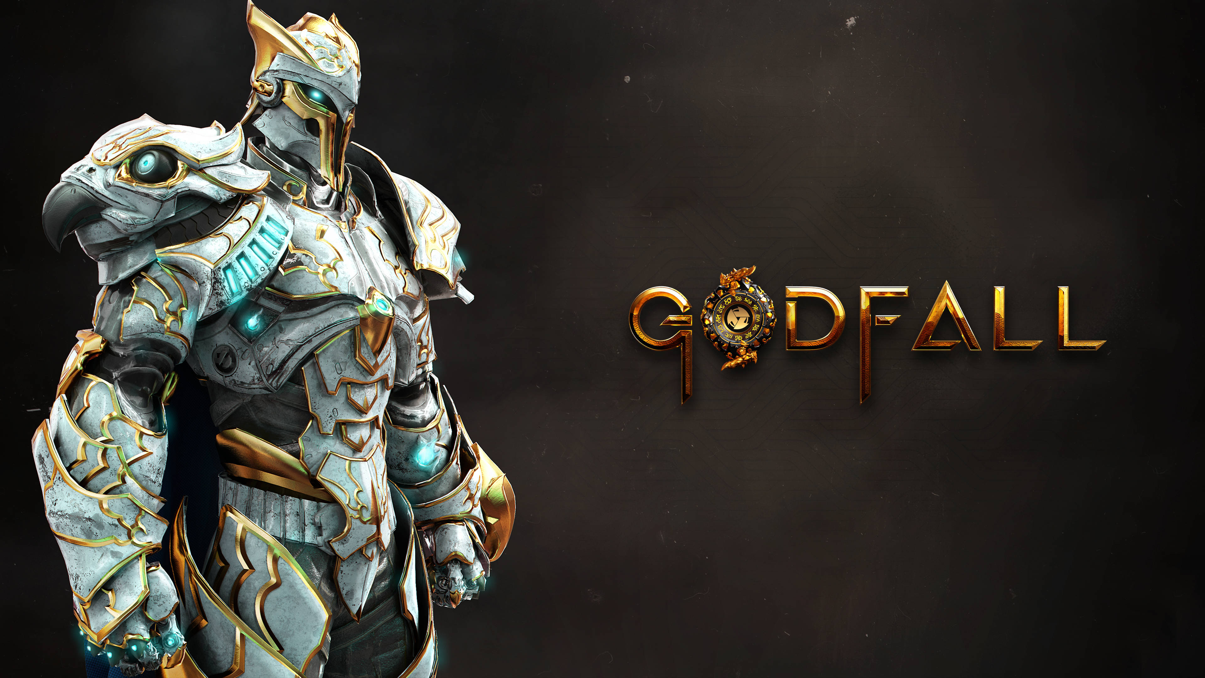 Godfall 白鎧戰士 壁紙 — 一名身穿重甲、擁有發光藍色眼睛和金色裝飾的戰士，站在Godfall標誌旁邊，背景為深色紋理。