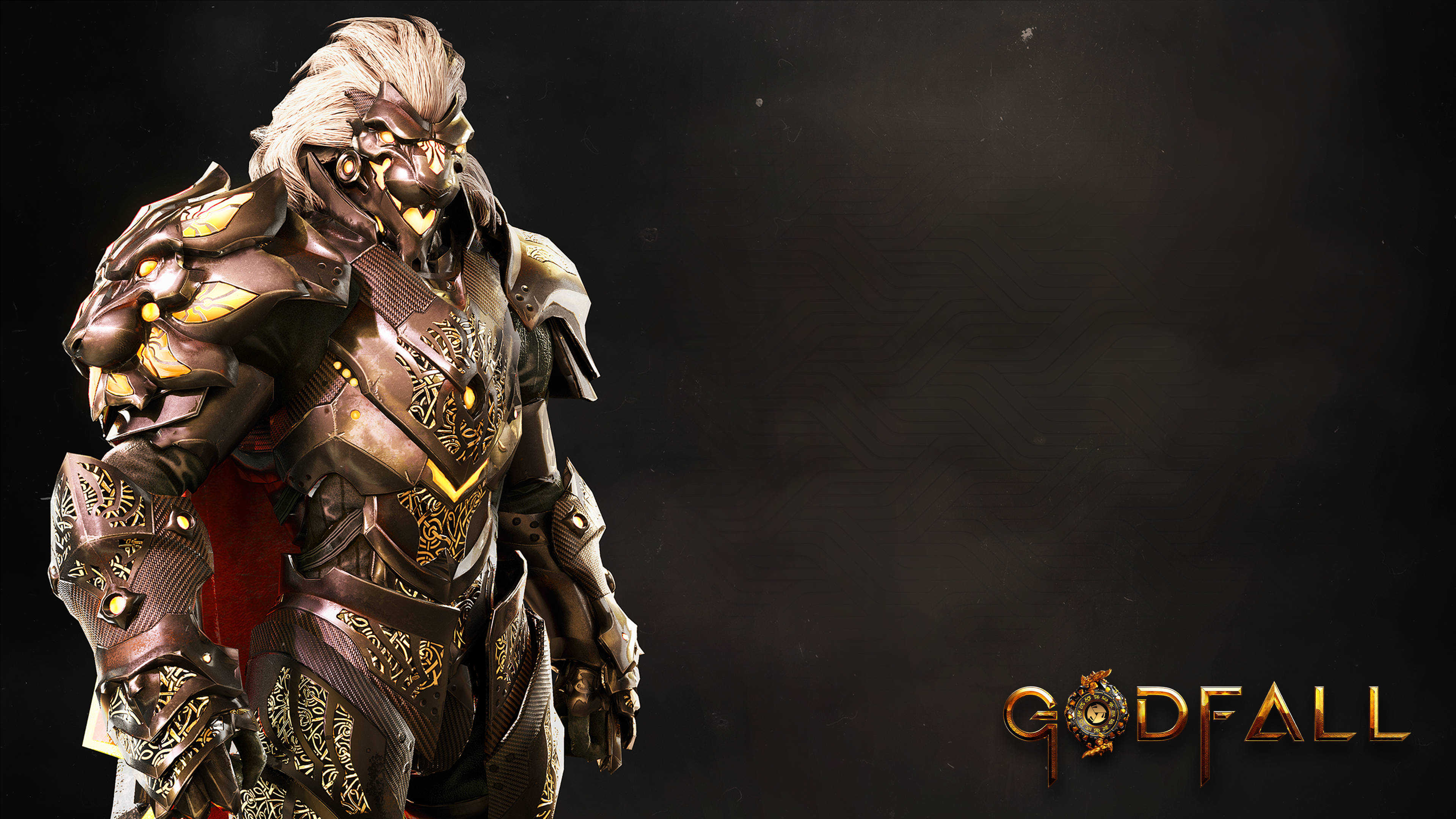 Godfall 白髮鎧甲戰士 壁紙 — 一個獅頭戰士身穿華麗的金色和青銅盔甲，站在深色背景前，帶有Godfall標誌。