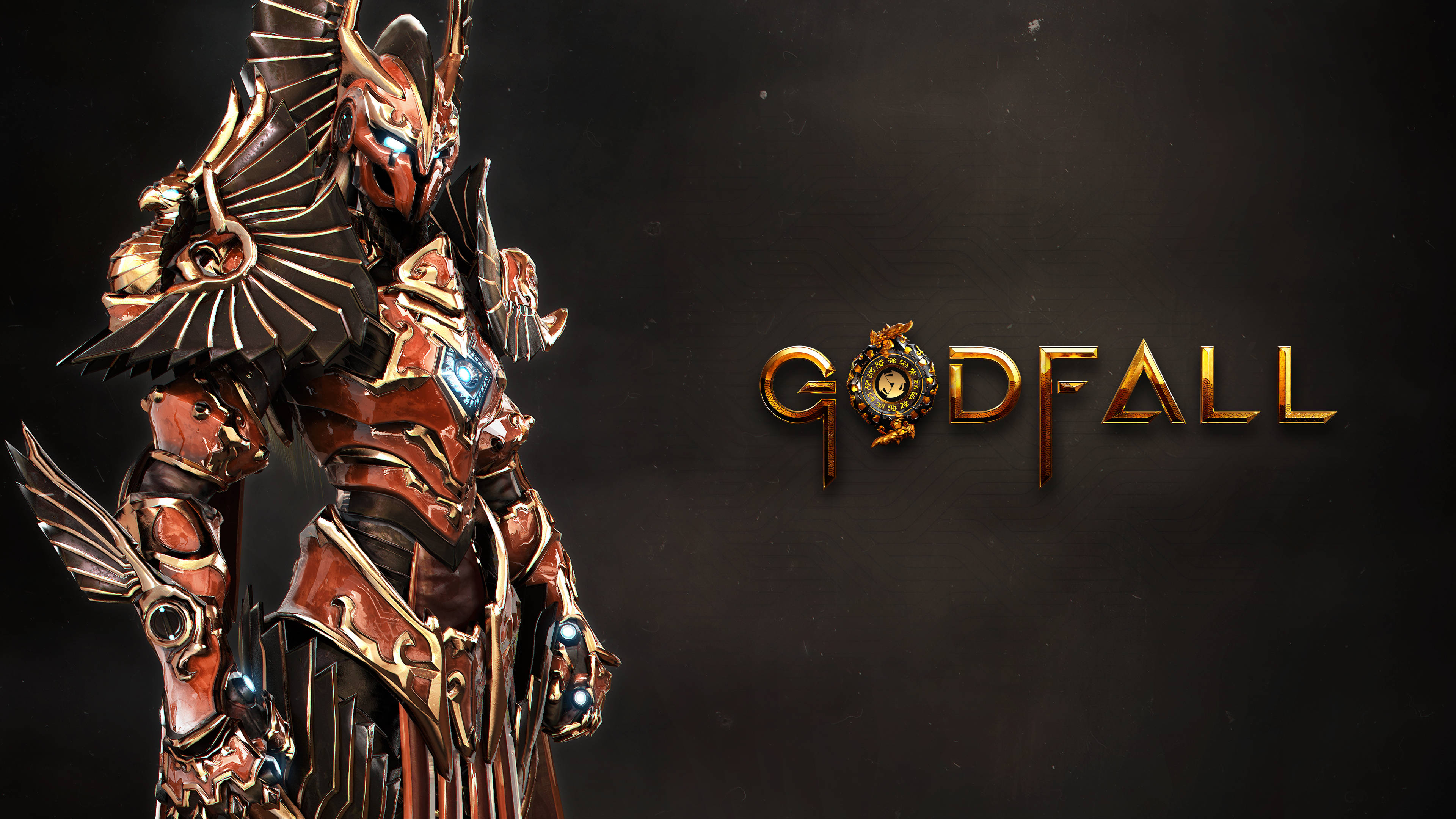 Godfall 紅鎧戰士 壁紙 — 一個身穿華麗金色和紅色盔甲的重裝戰士，站在黑暗背景中，旁邊是發光的Godfall標誌。