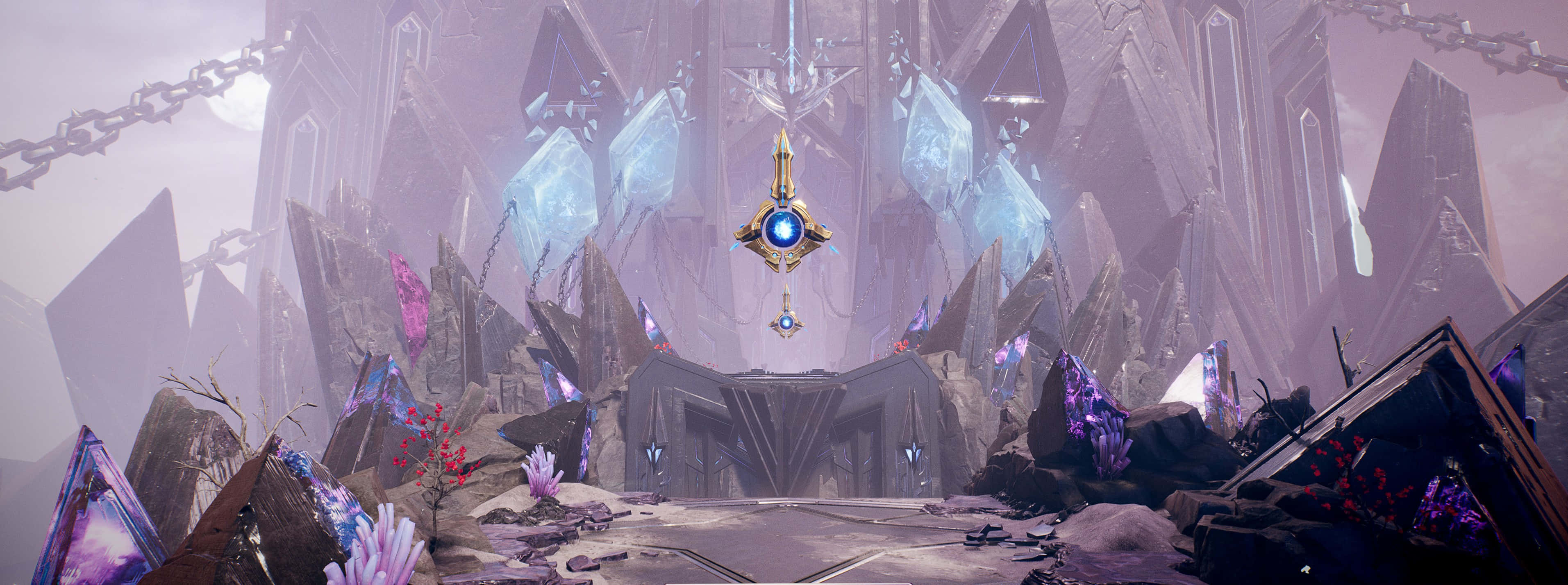 《Godfall》遊戲「Alluvial Plains」地表世界壯麗景觀 4K背景 壁紙 — 一把發光的華麗鑰匙懸浮在神秘廢墟中，廢墟由參差不齊的紫色和藍色水晶尖塔組成，天空迷濛。